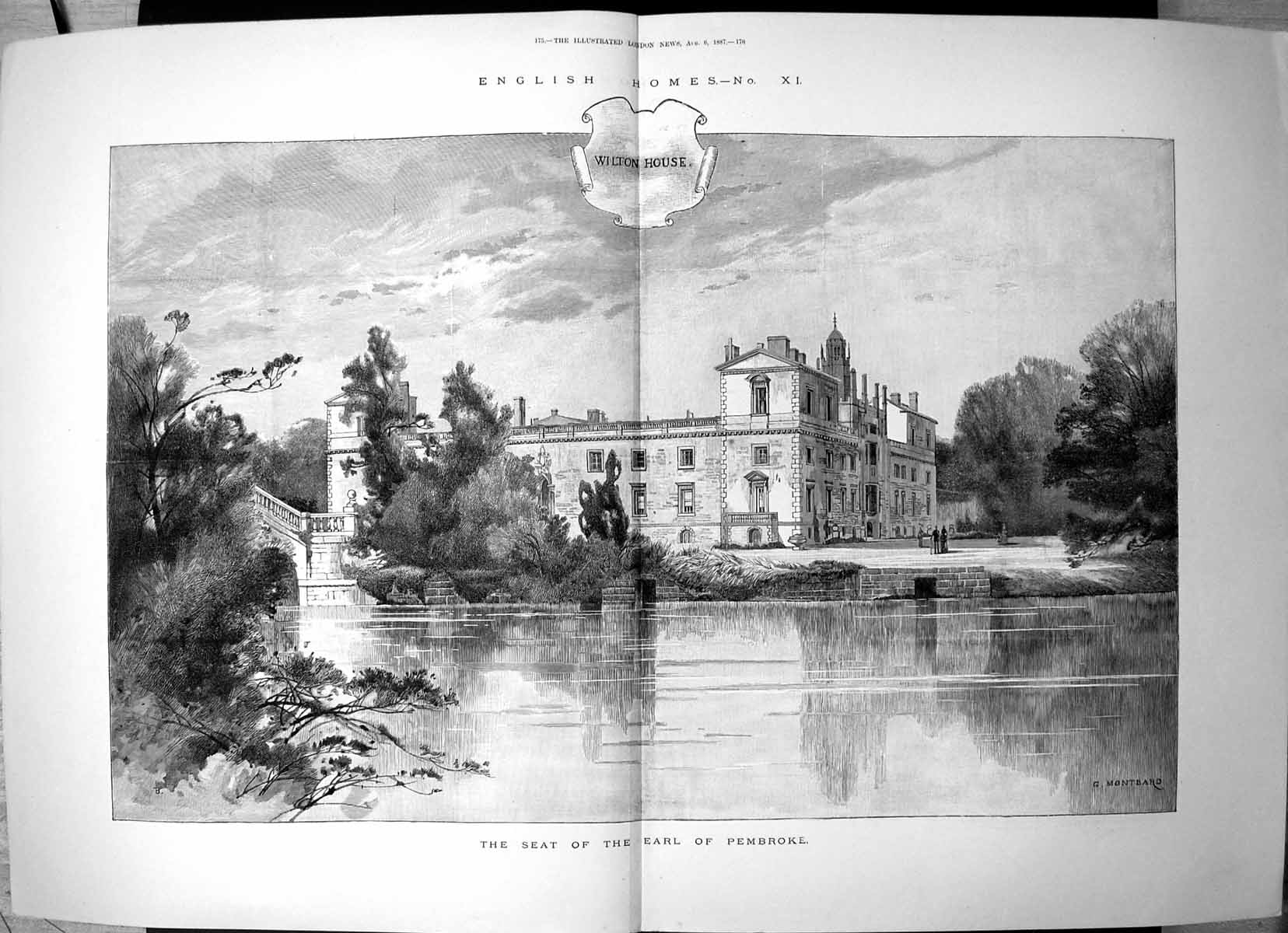 Antique Old Print Wilton House Lakeside Seat Earl Pembroke G Montbard 1887 19th