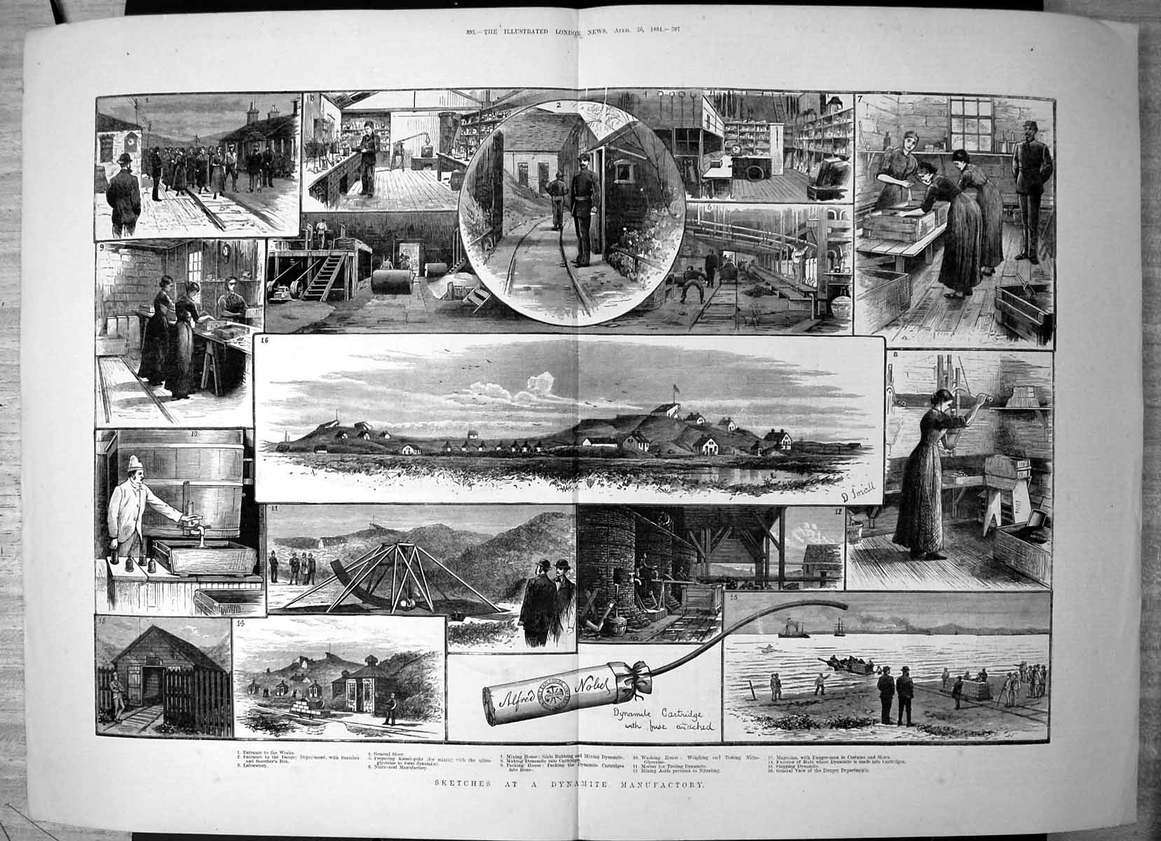 Antique Old Print Sketches Dynamite Manufactory Laboratory Cartridges 1884 19th