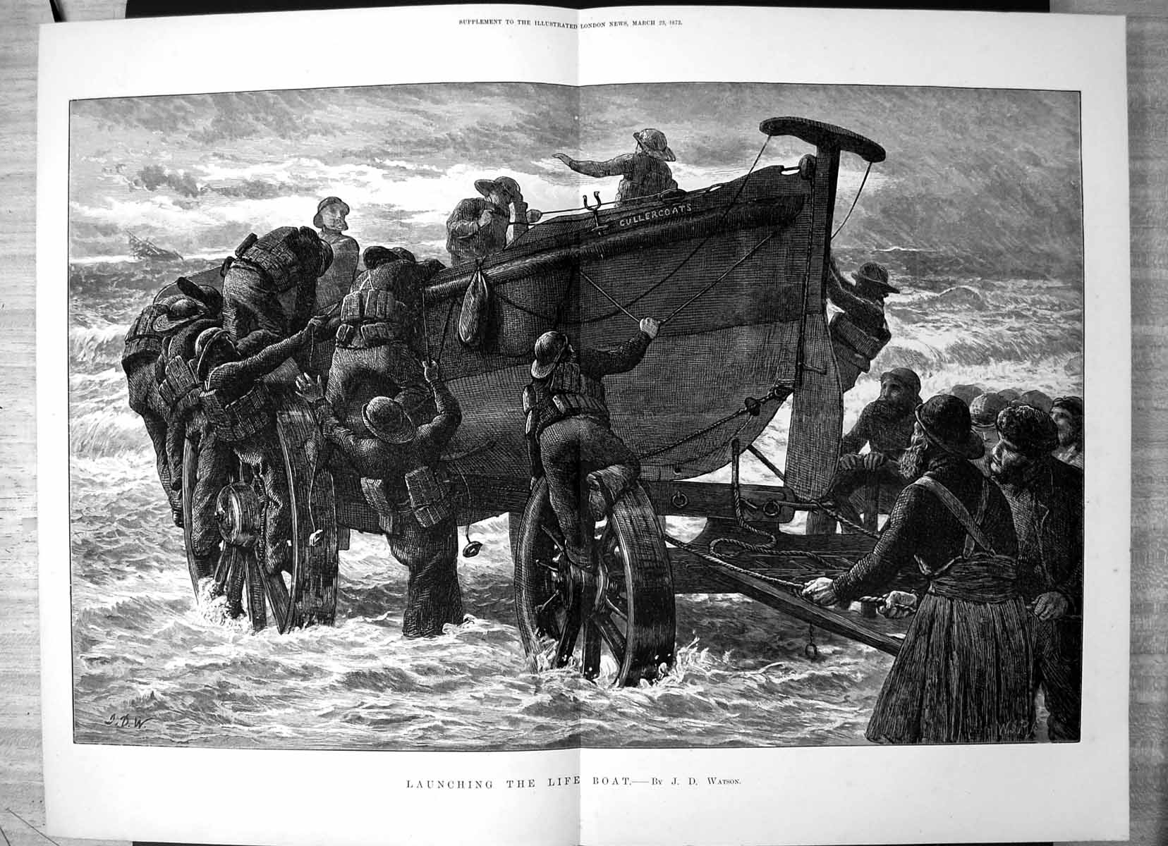 Antique Print Launching Life Boat J D Watson Cullercoats Trailer Ropes 1872