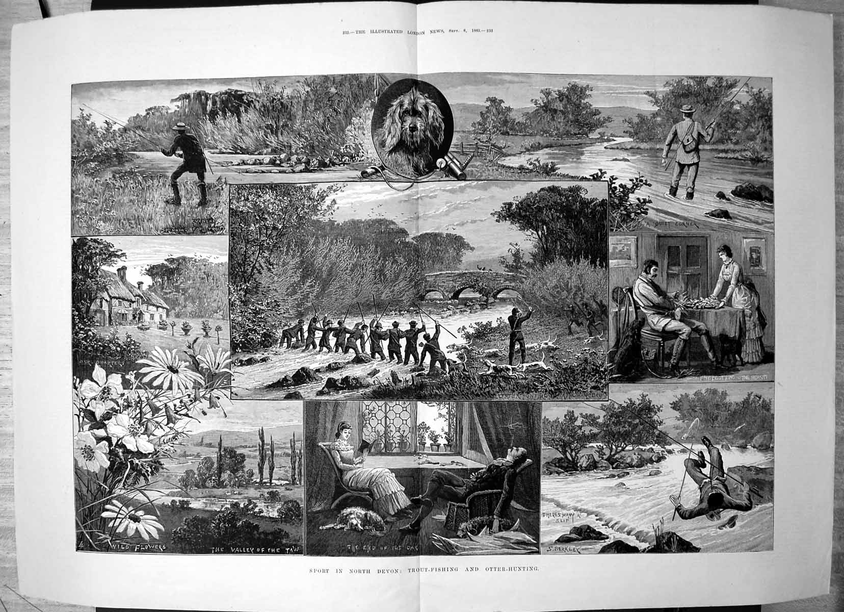 Original Old Antique Print Sport North Devon Trout Fishing Otter Hunting 1883