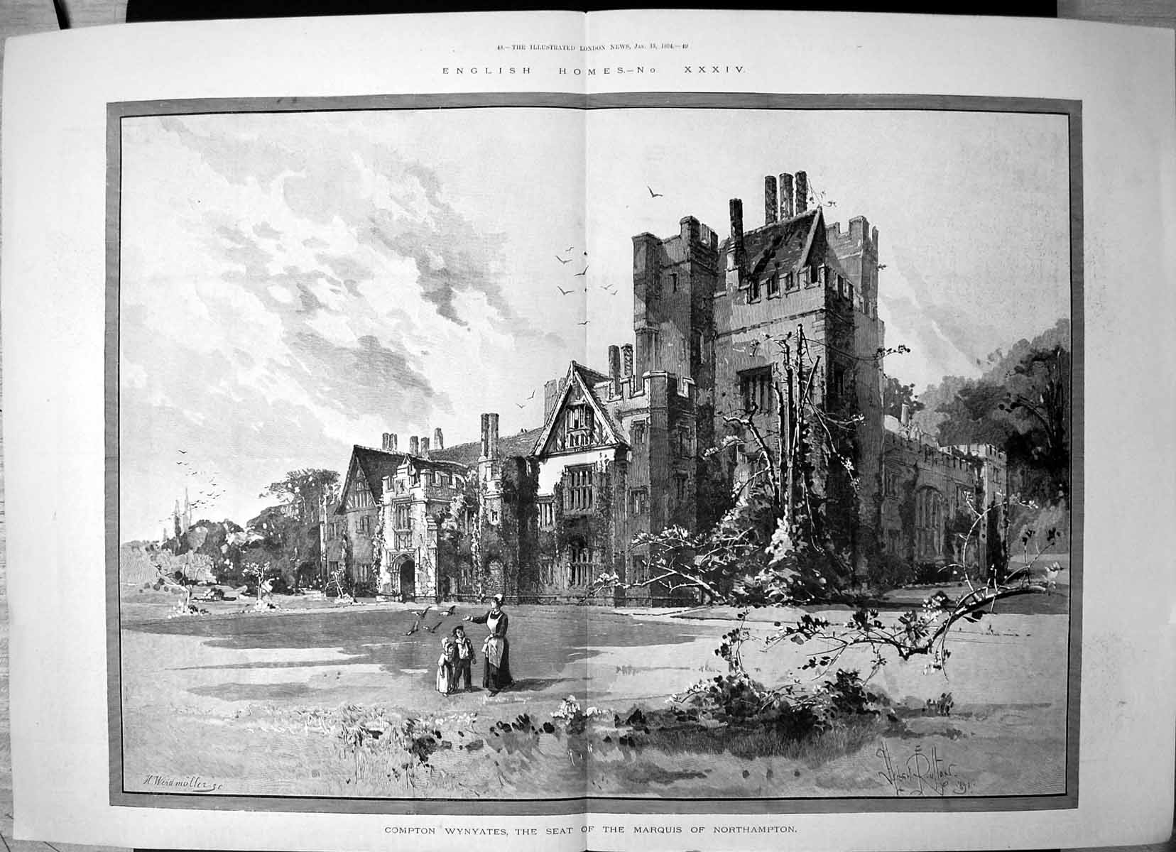 Original Old Antique Print Homes Compton Wynyates Seat Marquis Northampton 1894