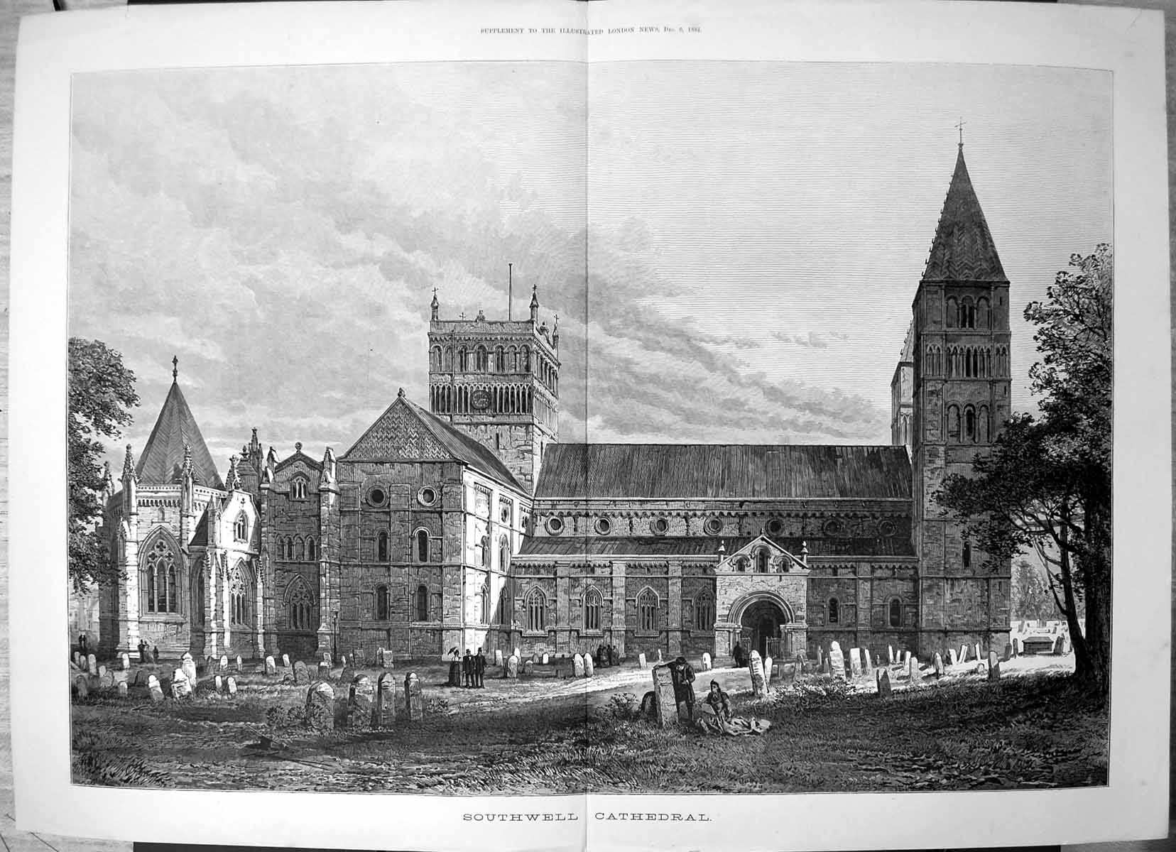 Antique Old Print Exterior Southwell Abbey People Looking Gravestones 1884 19th