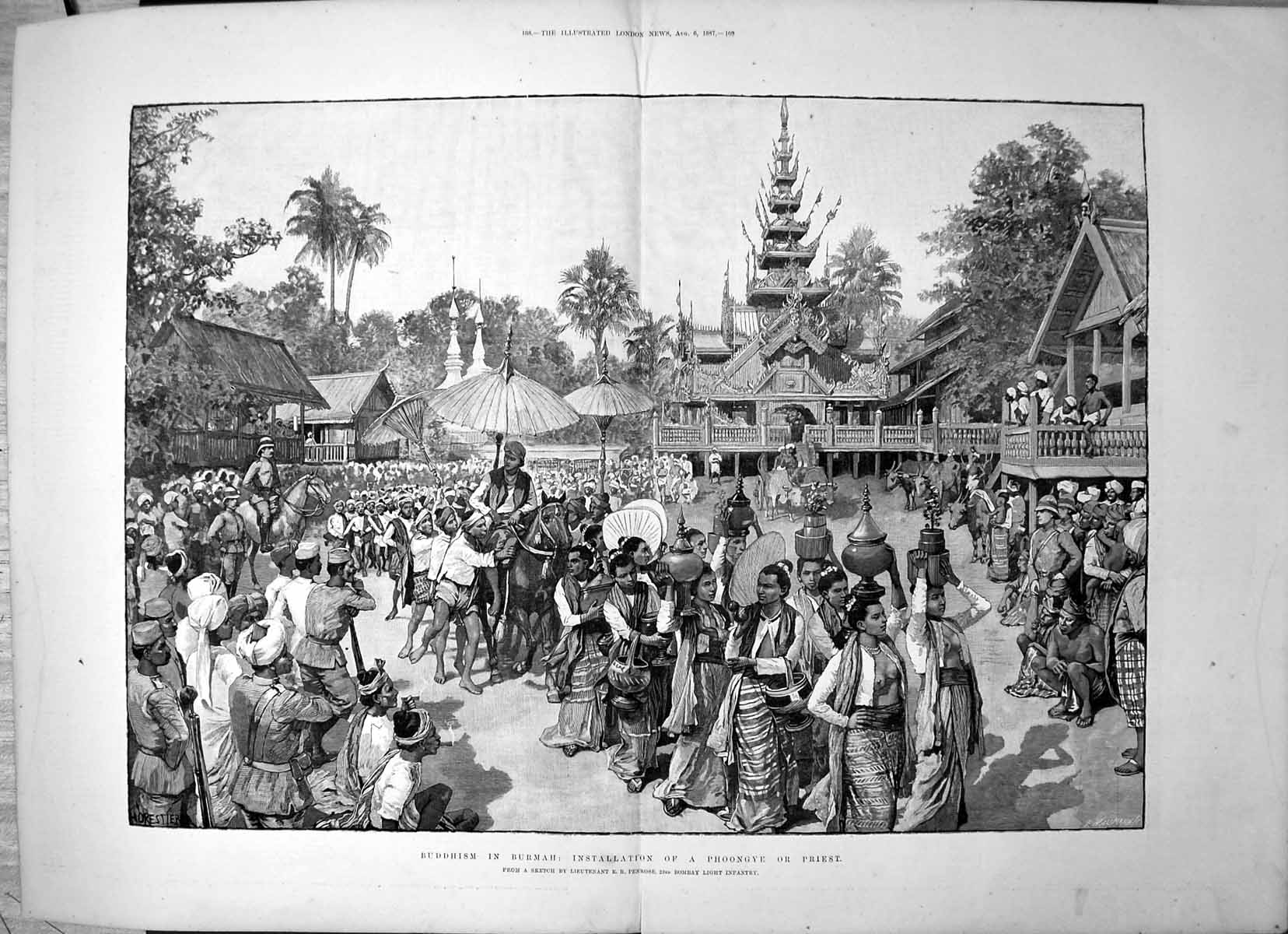 Original Old Antique Print Buddhism Burmah Installation Phoongye Priest 1887