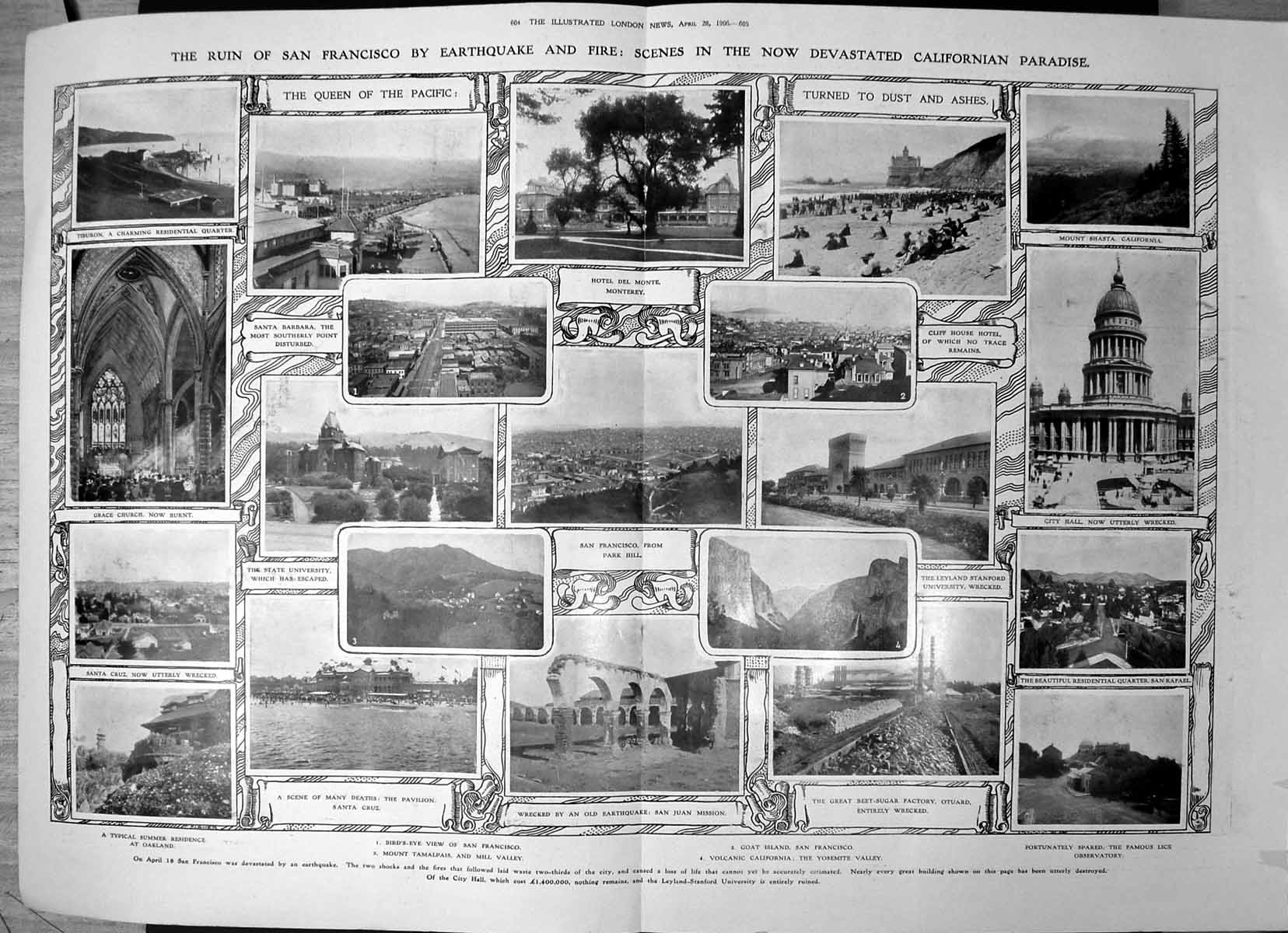Antique Old Print Ruin San Francisco Earthquake Fire City Hall Pavilion 1906