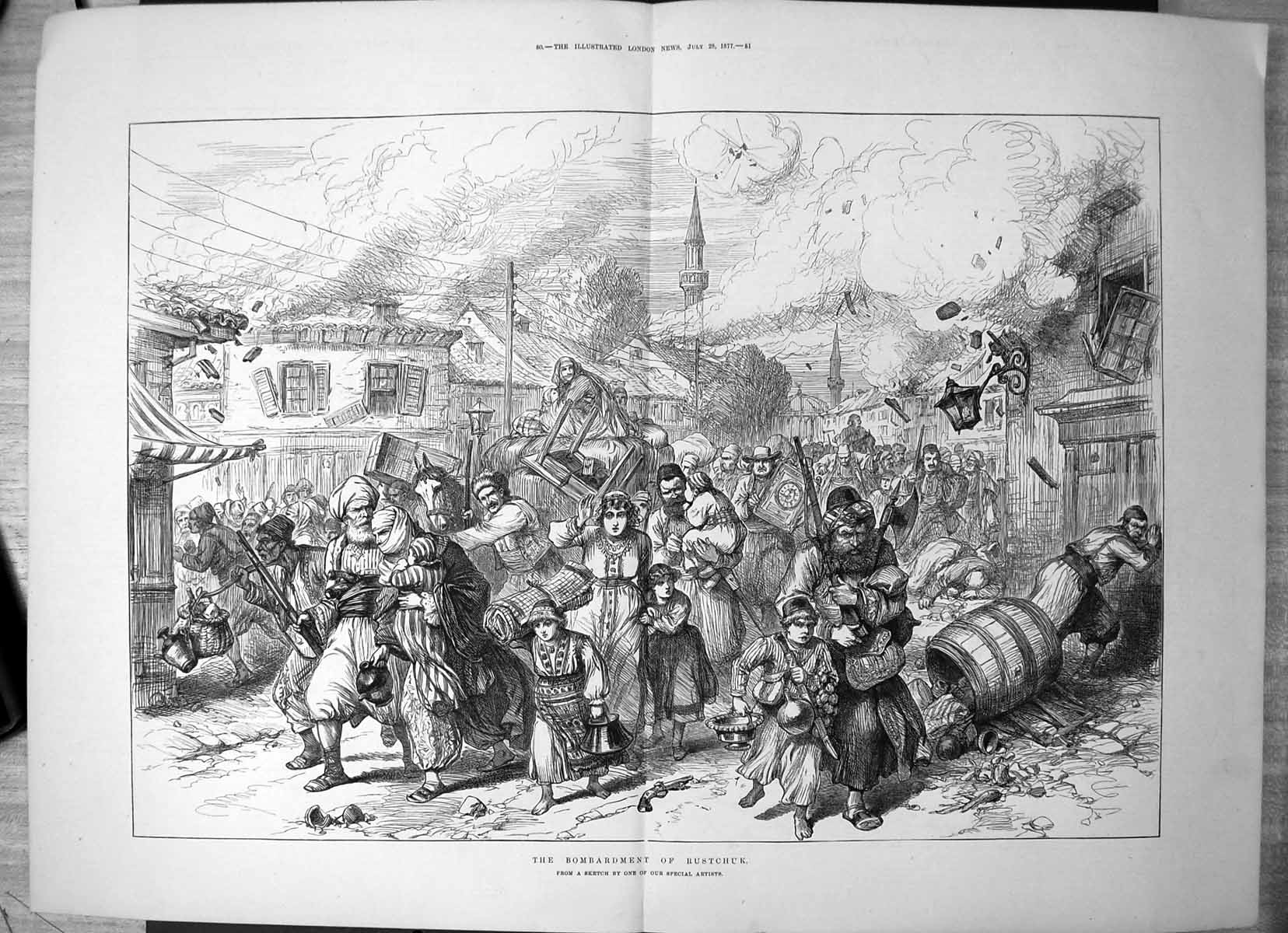 Antique Old Print Bombardment Rustchuk People Escaping With Possessions 1877