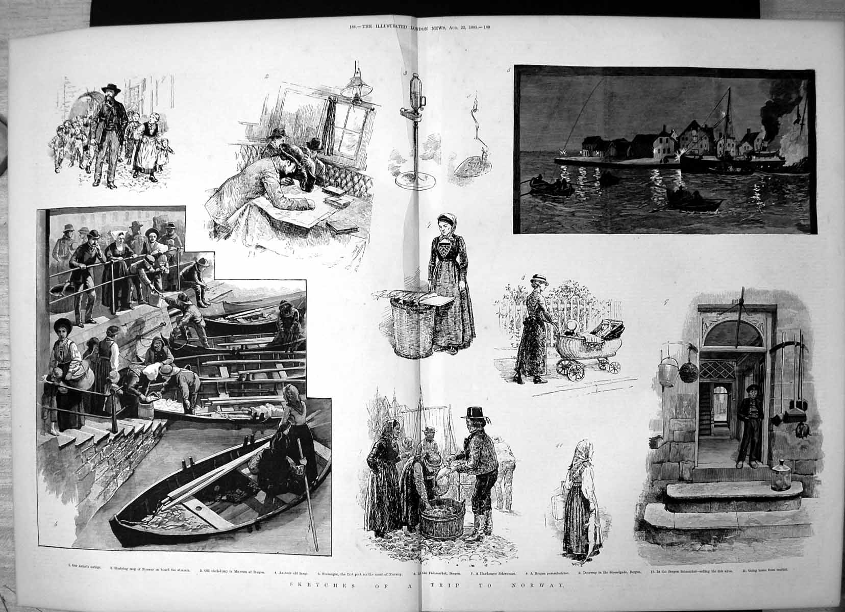 Antique Print Sketches Trip Norway Museum Bergen Stavanger Fishmarket 1885 19th