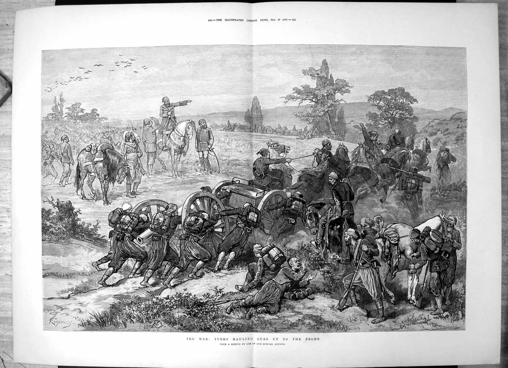 Original Old Antique Print War Turks Hauling Guns Up Front Horses 1877 19th