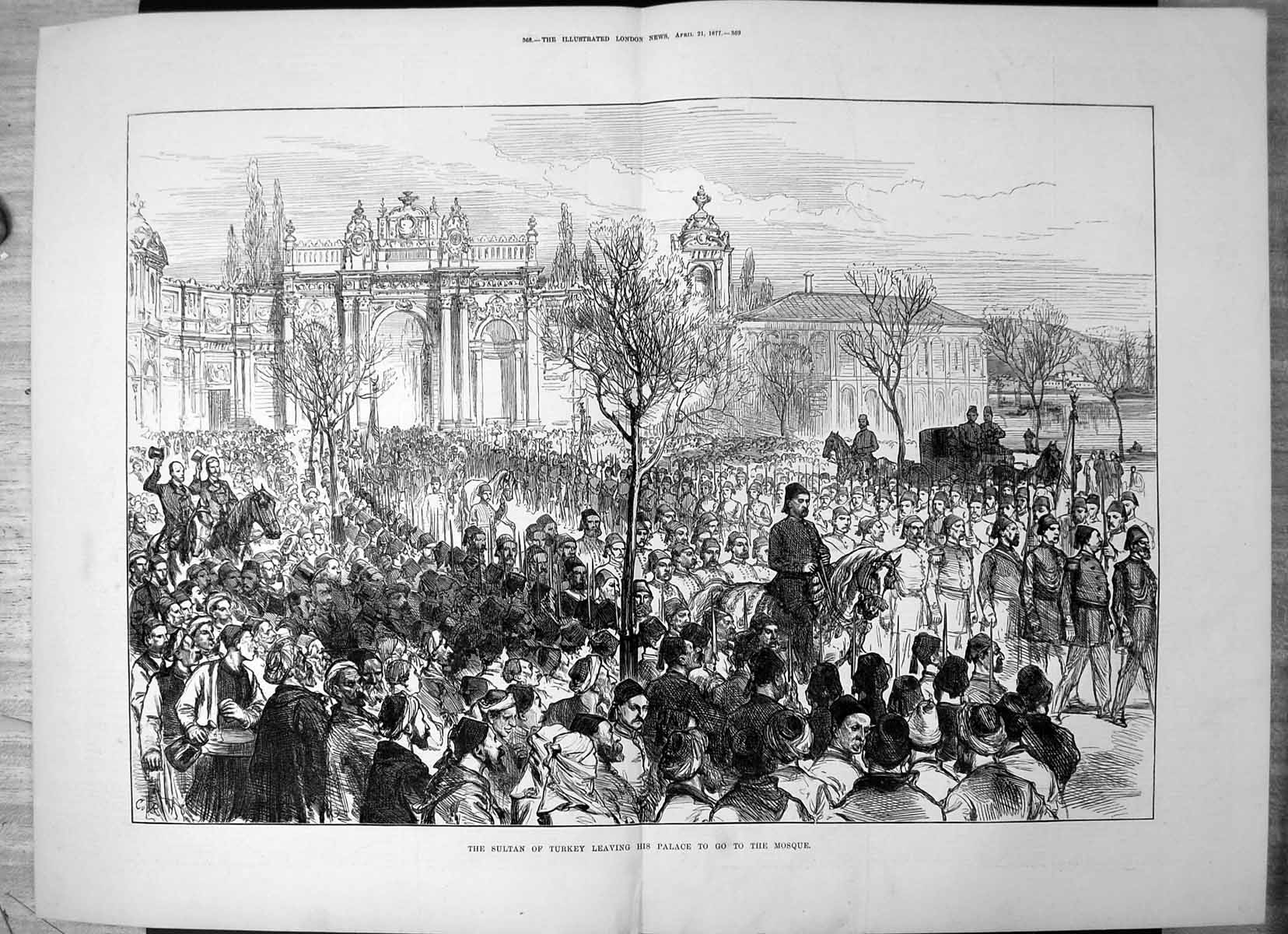 Original Old Antique Print Sultan Turkey Leaving Palace Go To Mosque 1877 19th