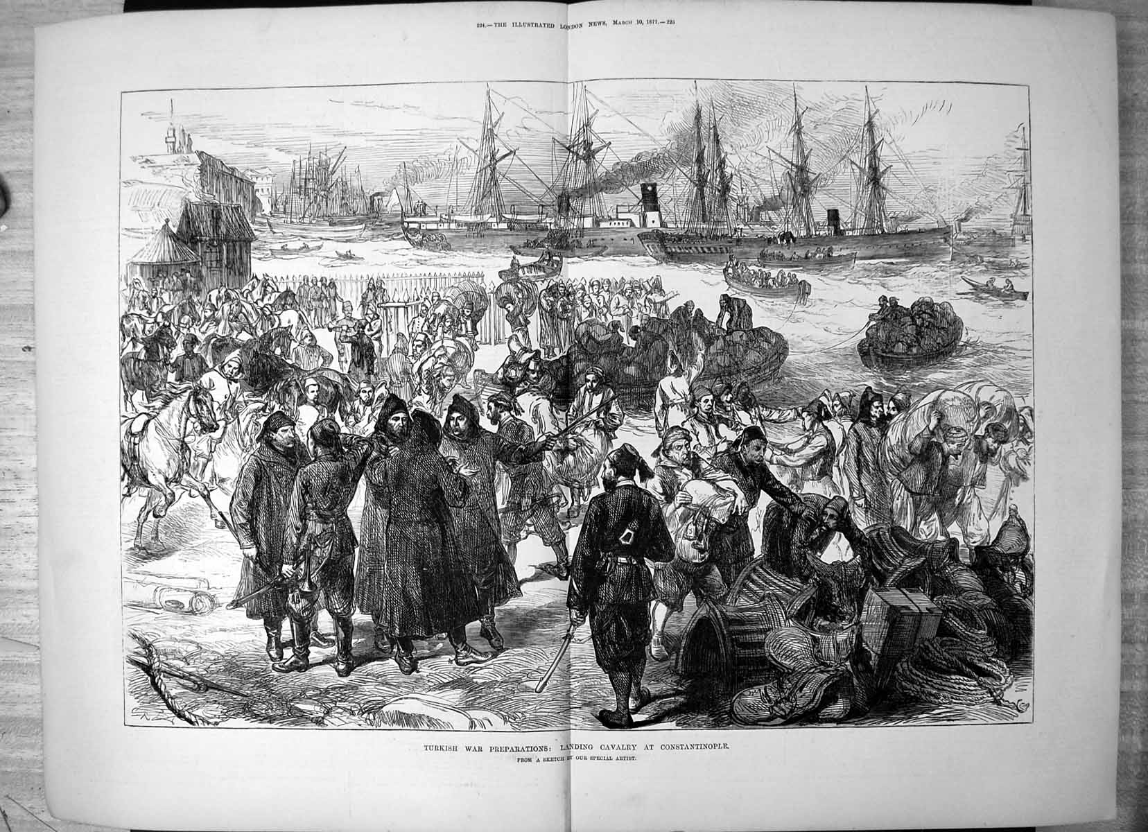 Antique Print Turkish War Preparations Landing Cavalry Constantinople 1877 19th