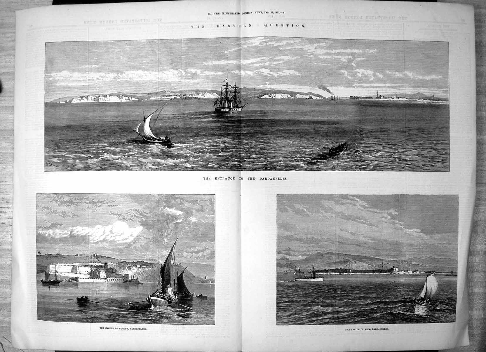 Original Old Antique Print Entrance Dardanelles Castle Europe Castle Asia 1877