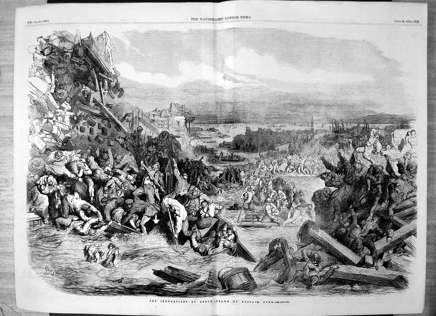 Antique Print Inundations Lyons Trying Escape Water Raft Gustave Dore 1856 19th