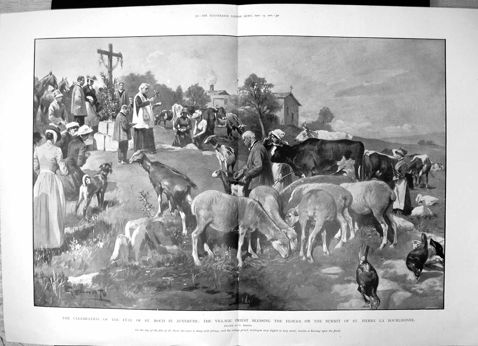 Antique Old Print Fete St Roch Auvergne Priest Blessing Flocks St Pierre 1902