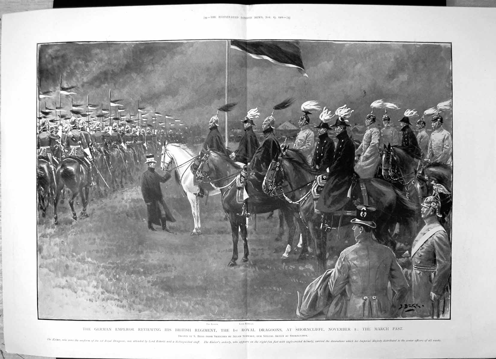 Antique Old Print German Emperor Reviewing Royal Dragoons Shorncliffe 1902 20th