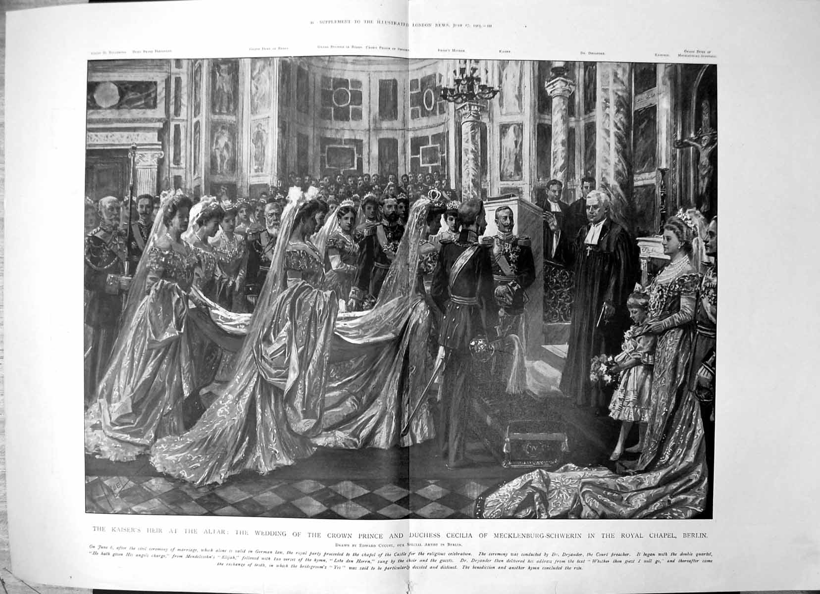 Antique Print Wedding Crown Prince Duchess Cecilia Royal Chapel Berlin 1905