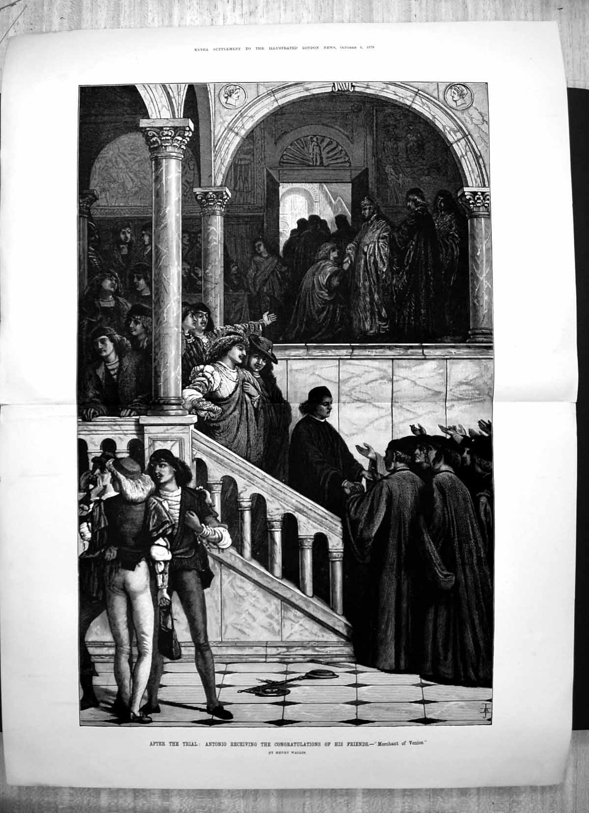 Antique Old Print After Trial Antonio Congratulations Merchant Venice 1879 19th