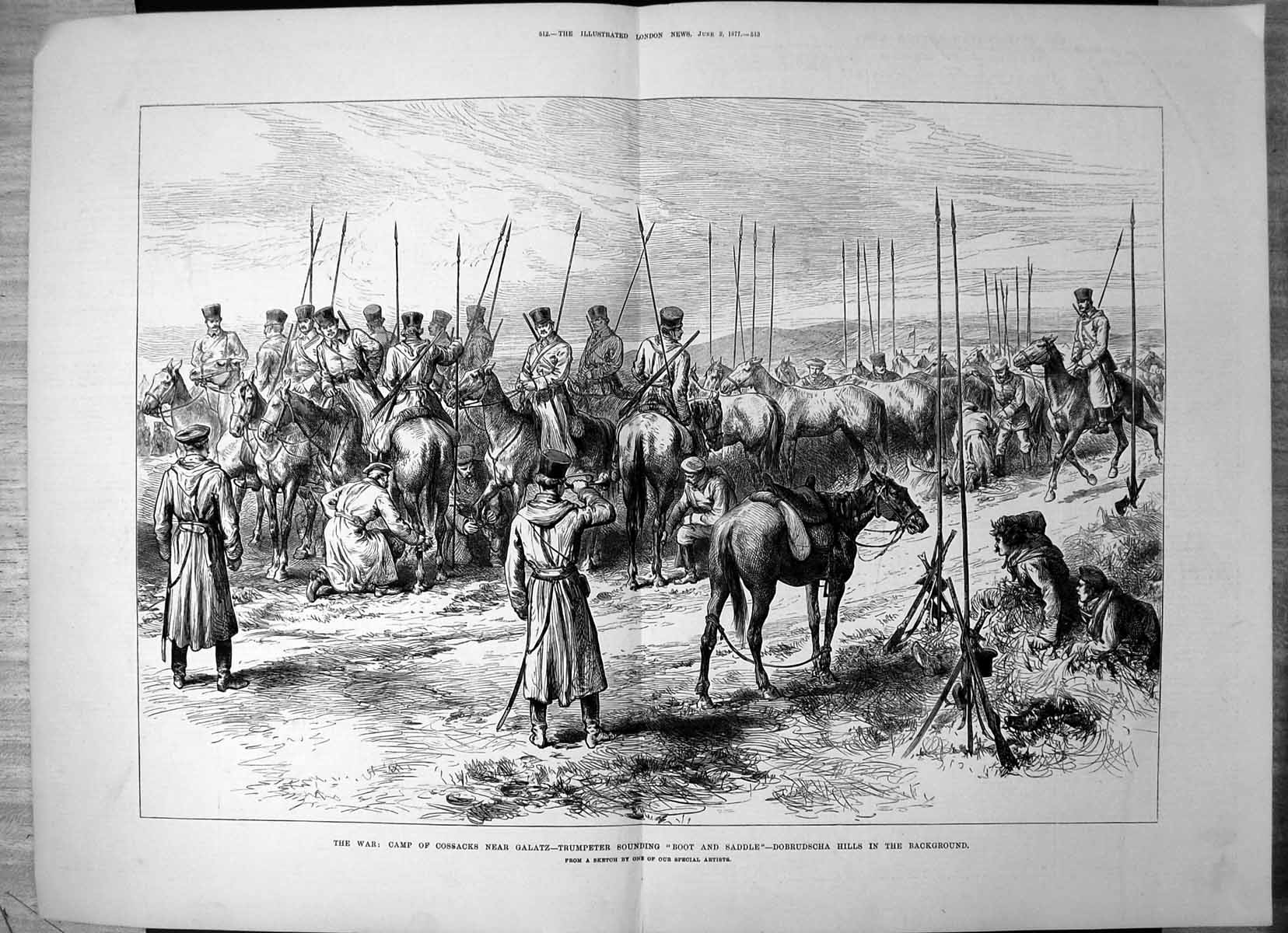 Antique Old Print Camp Cossacks Galatz Trumpeter Boot Saddle Dobrudscha 1877