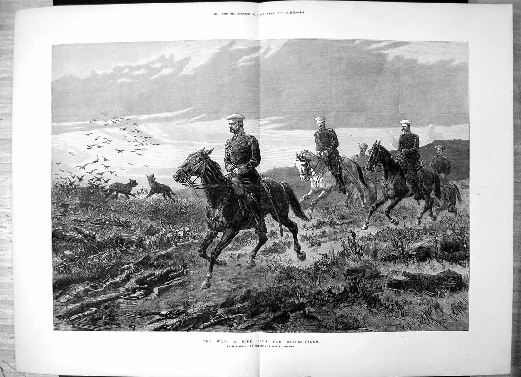 Original Old Antique Print War Ride Over Battle Field Dead Siers Weapons 1877