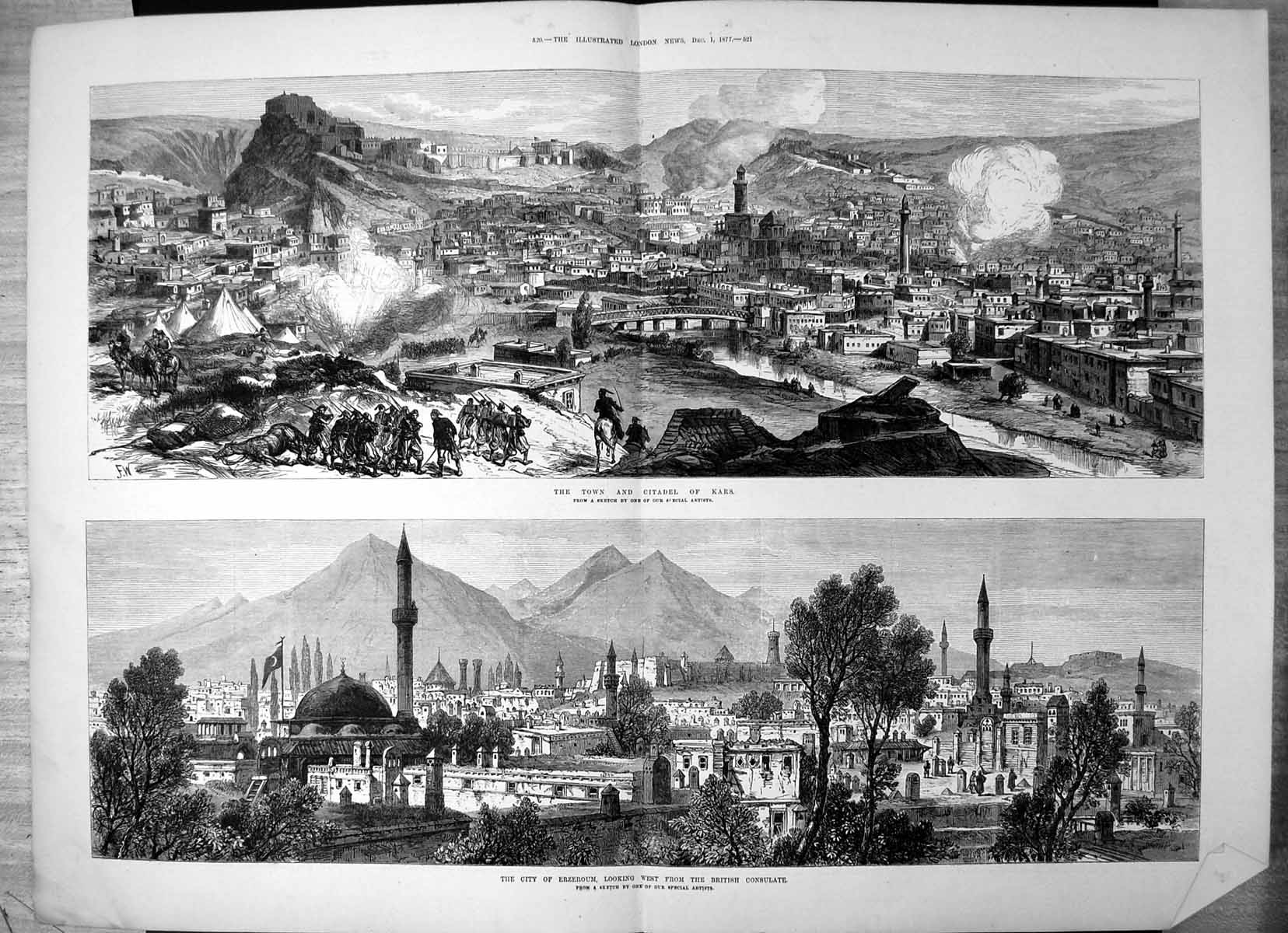 Antique Old Print Town Citadel Kars City Erzeroum West British Consulate 1877