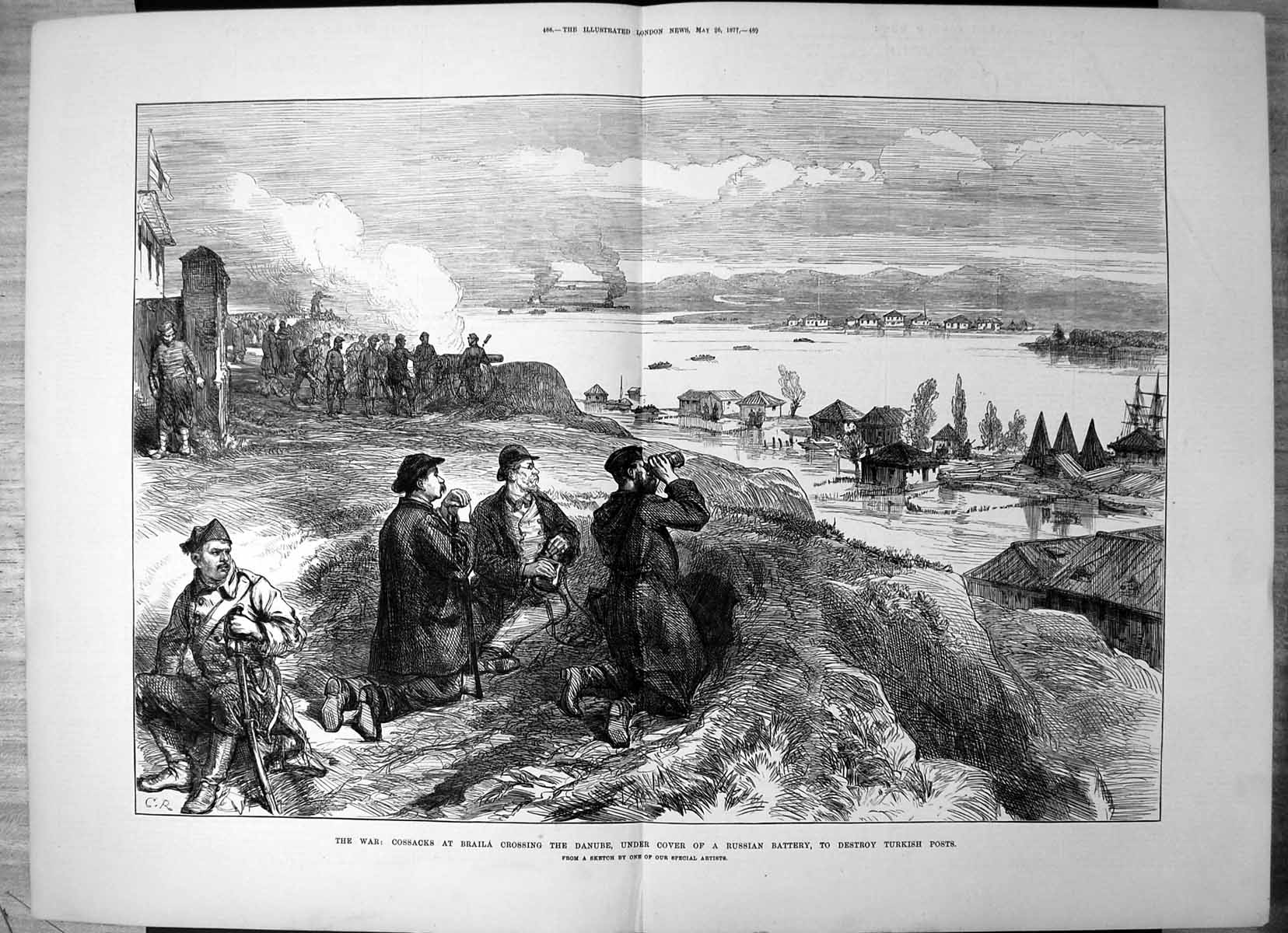 Antique Old Print Cossacks Braila Danube Russian Battery Destroy Turks 1877