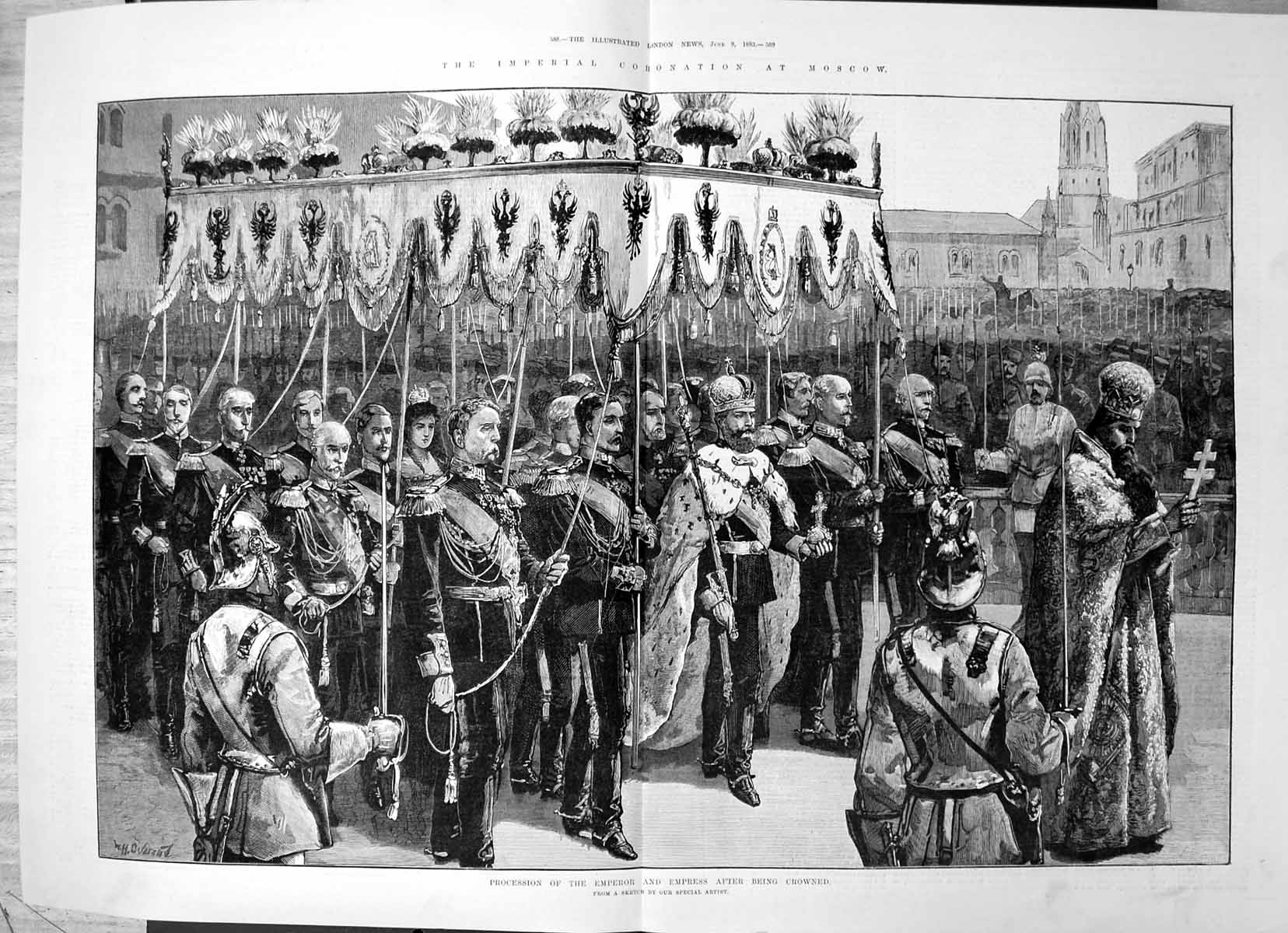 Antique Old Print Imperial Coronation Moscow Emperor Empress Procession 1883