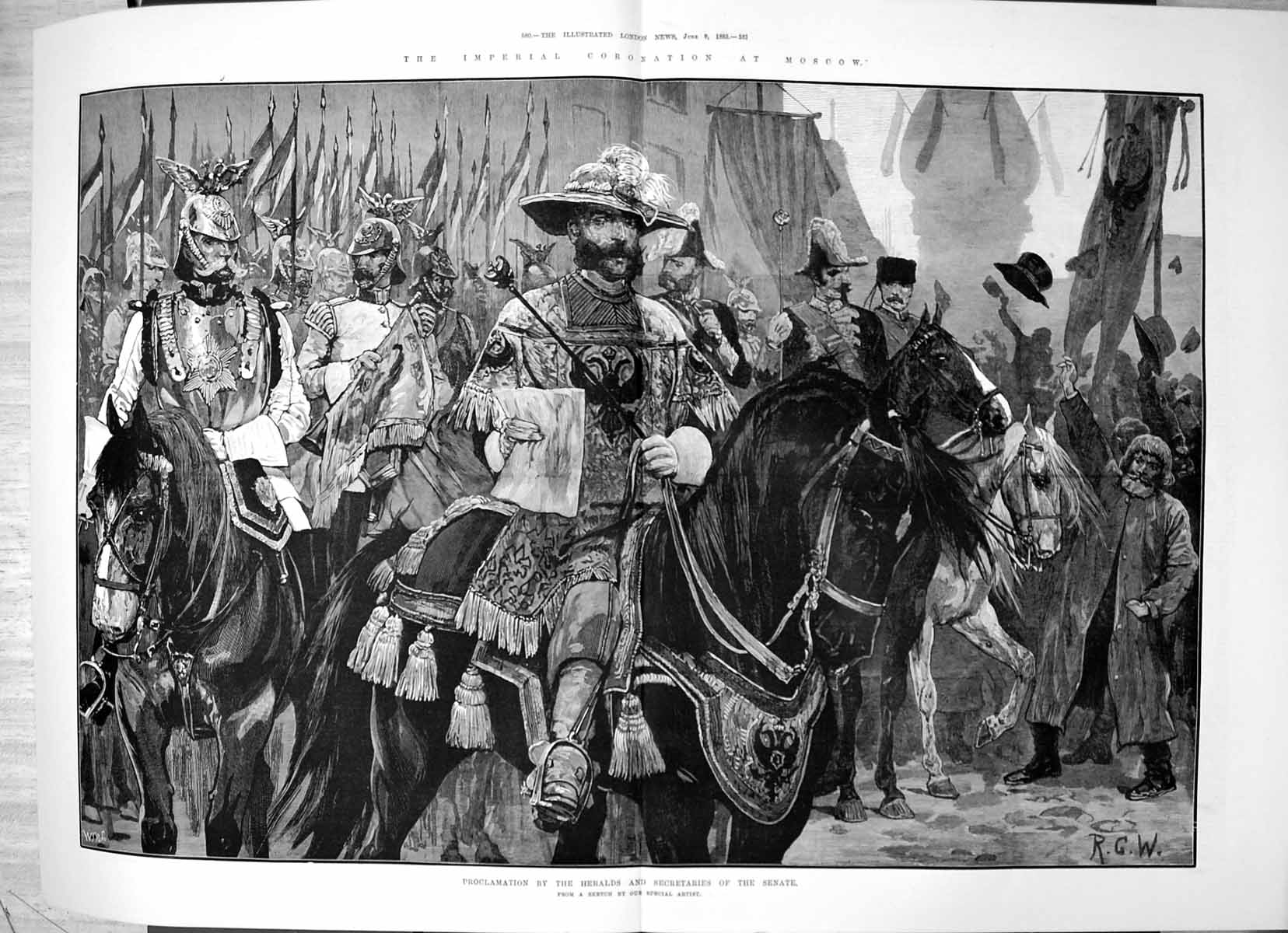 Antique Old Print Imperial Coronation Moscow Proclamation Heralds Senate 1883