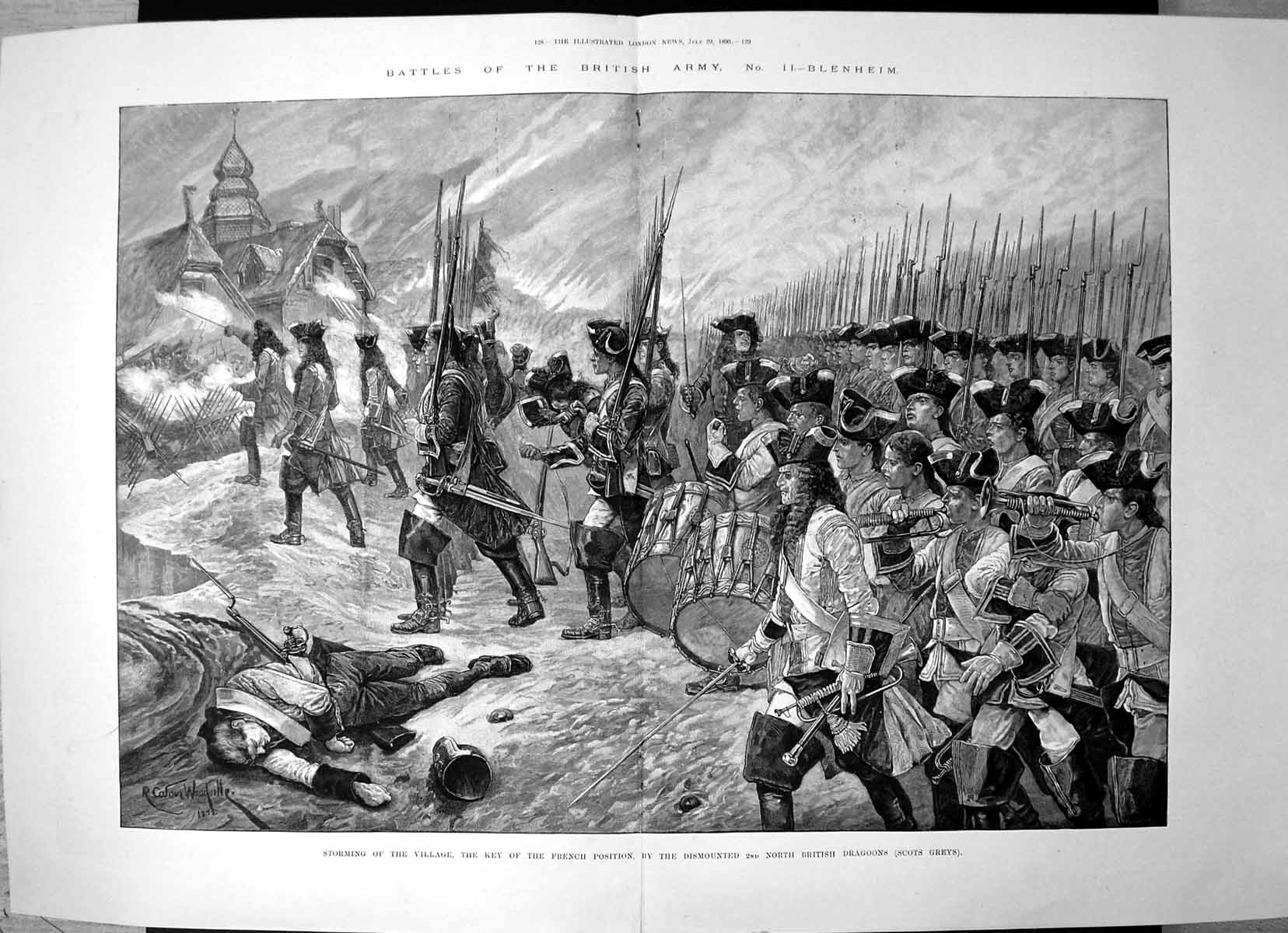 Antique Old Print Battle Blenheim Storming Village French Scots Greys 1893 19th