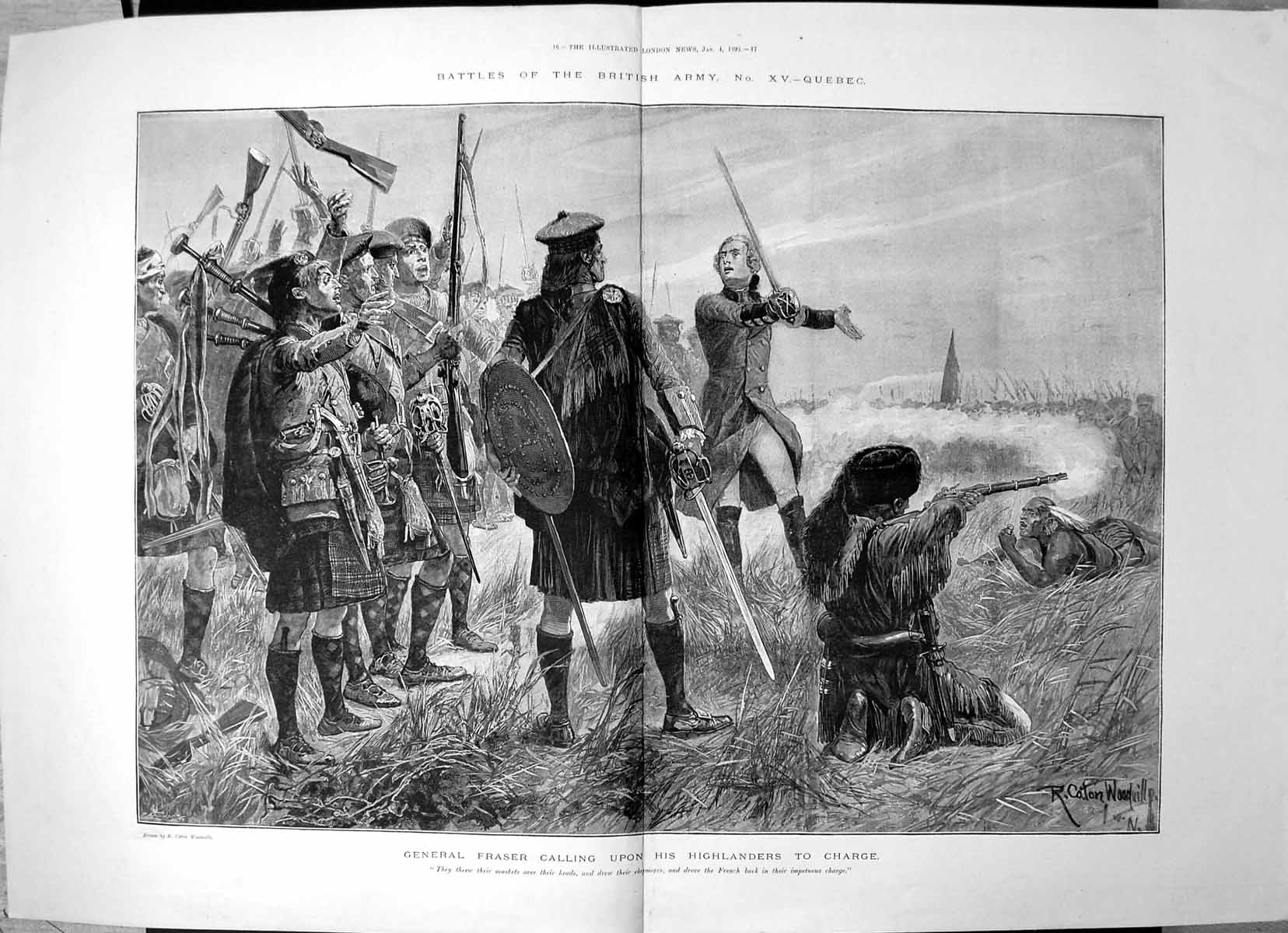 Antique Print Battle Quebec Gereral Fraser Calling Highlanders Charge 1896 19th