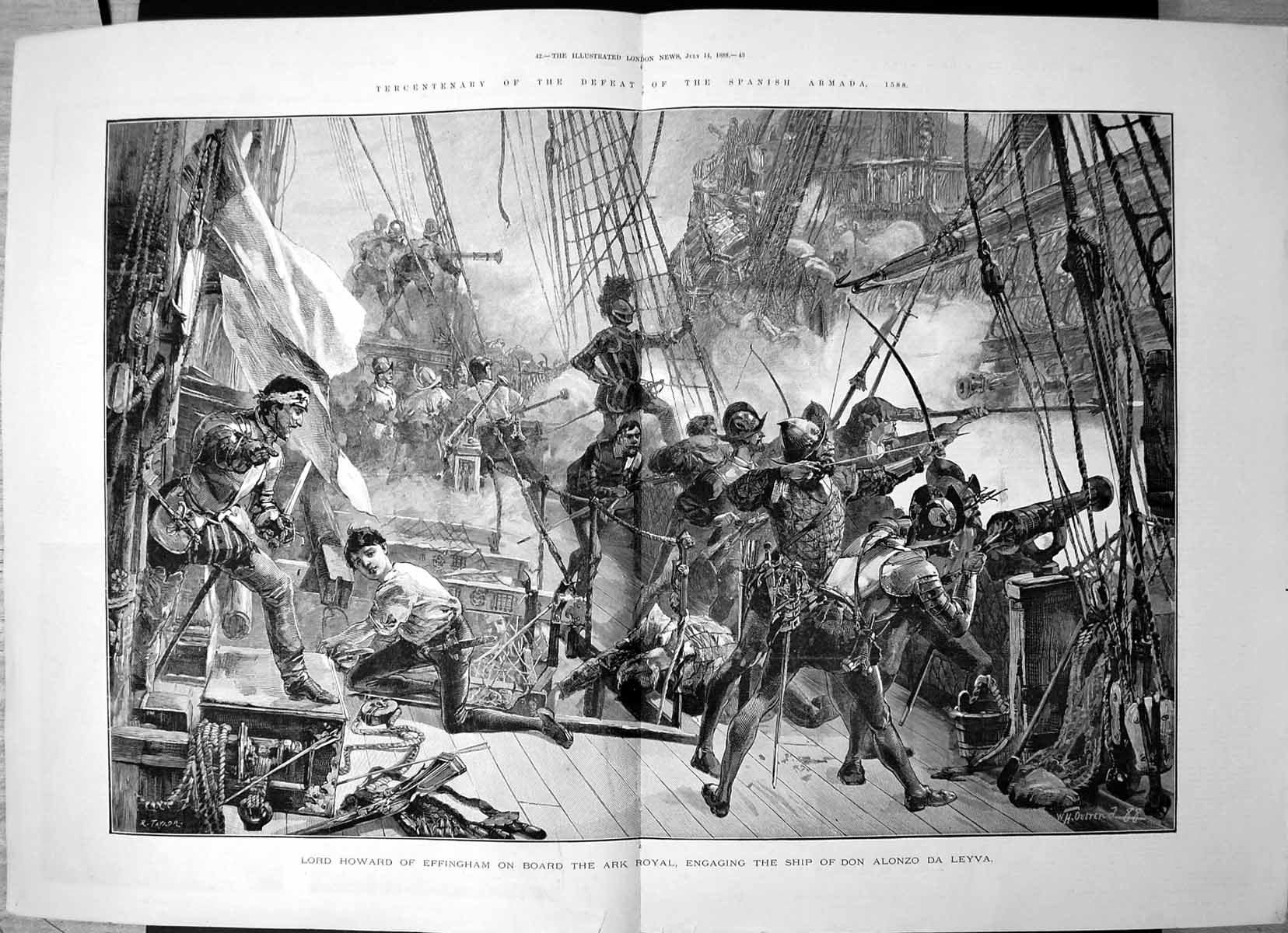 Antique Print Defeat Spanish Armada 1588 Lord Howard Ark Royal Alfonzo 1888