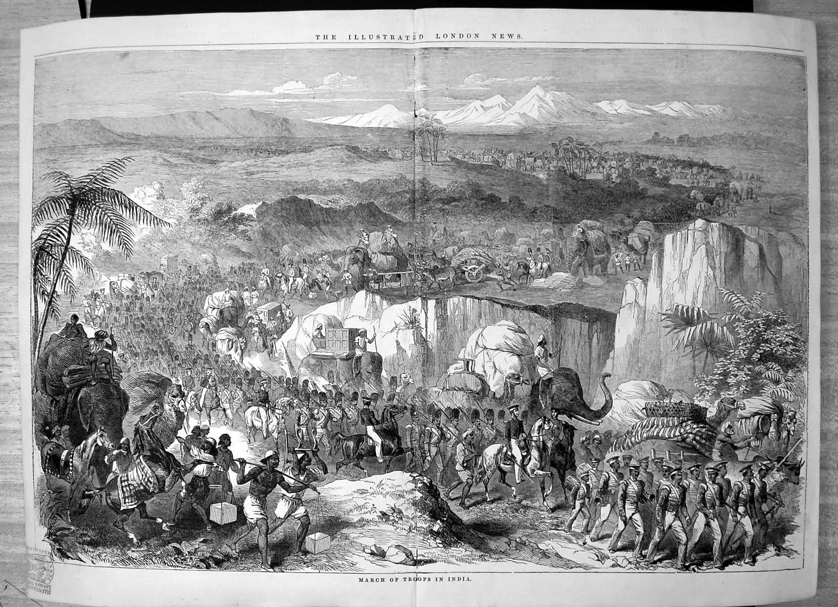 Old Antique Print March Troops India Elephants Camels Troops Natives 1848 19th