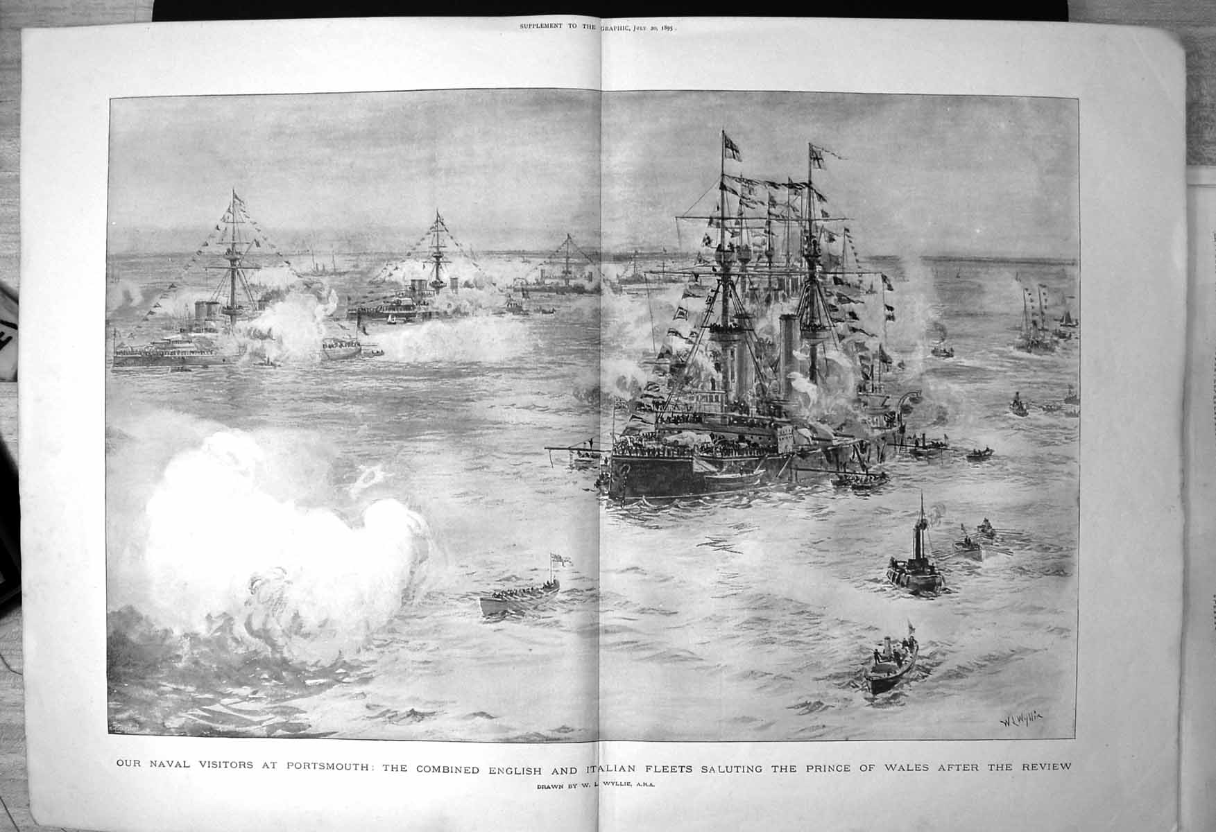 Old Portsmouth English Italian Fleets Saluting Prince Wales Review 1895 19th