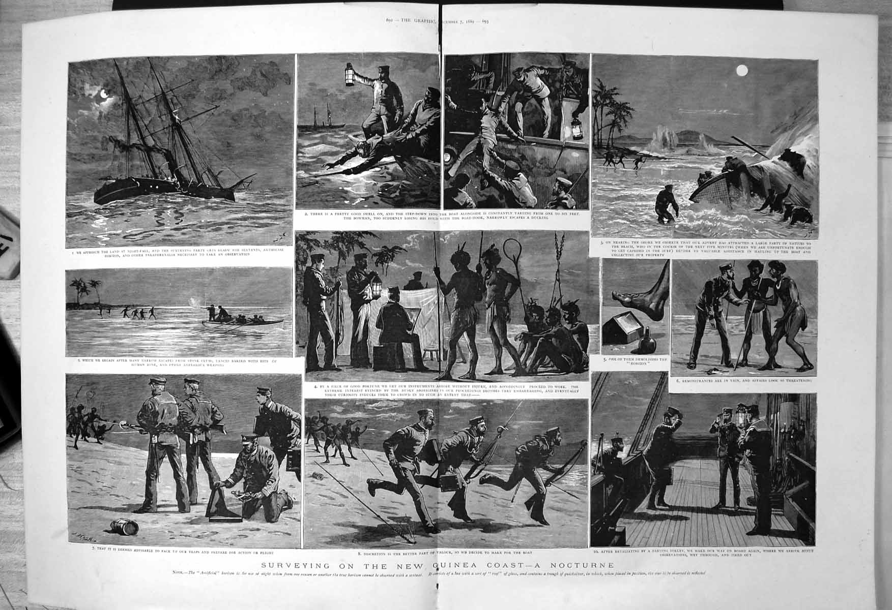 Old Surveying New Guinea Coast Nocturne Natives Traps Instruments 1889 19th
