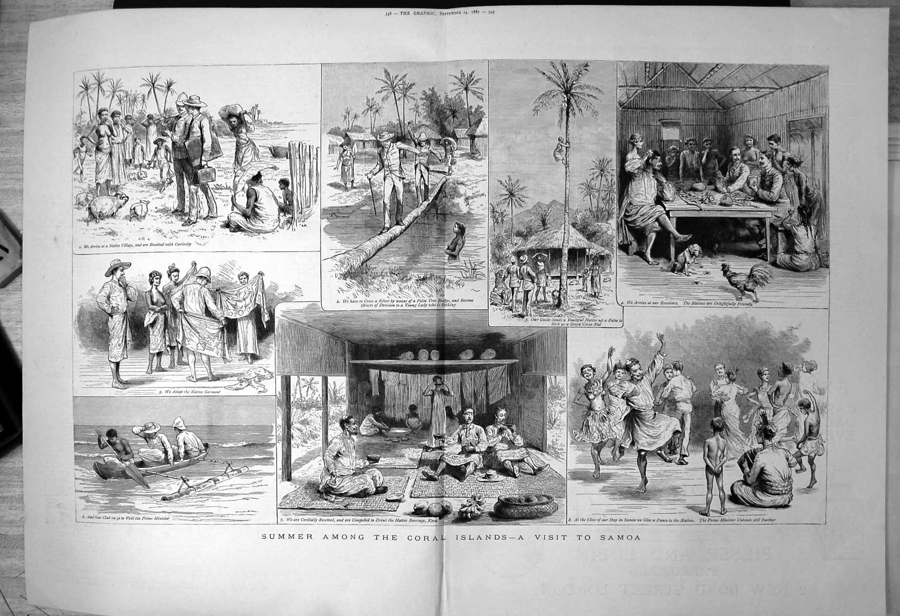 Old Print Summer Coral Islands Visit Samoa Prime Minister Drink Kava 1887 19th