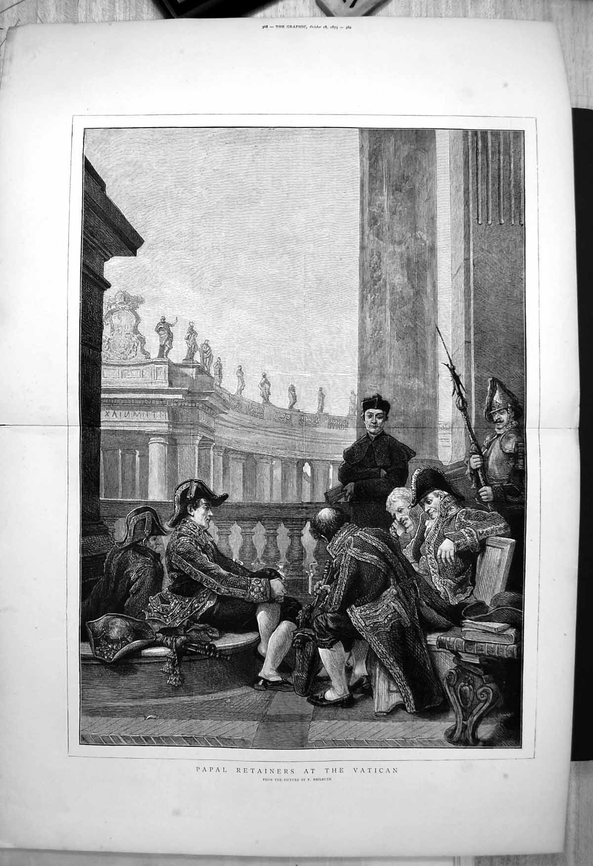 Original Old Antique Print Papal Retainers Vatican Guards Watch F Heilbuth 1873