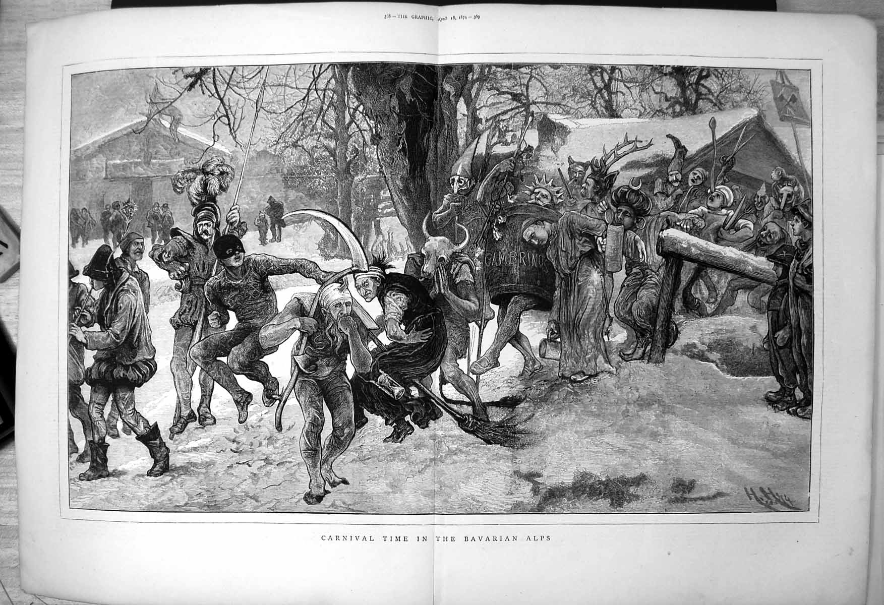 Original Old Antique Print Carnival Time Bavarian Alps Fancy Dress Snow 1874