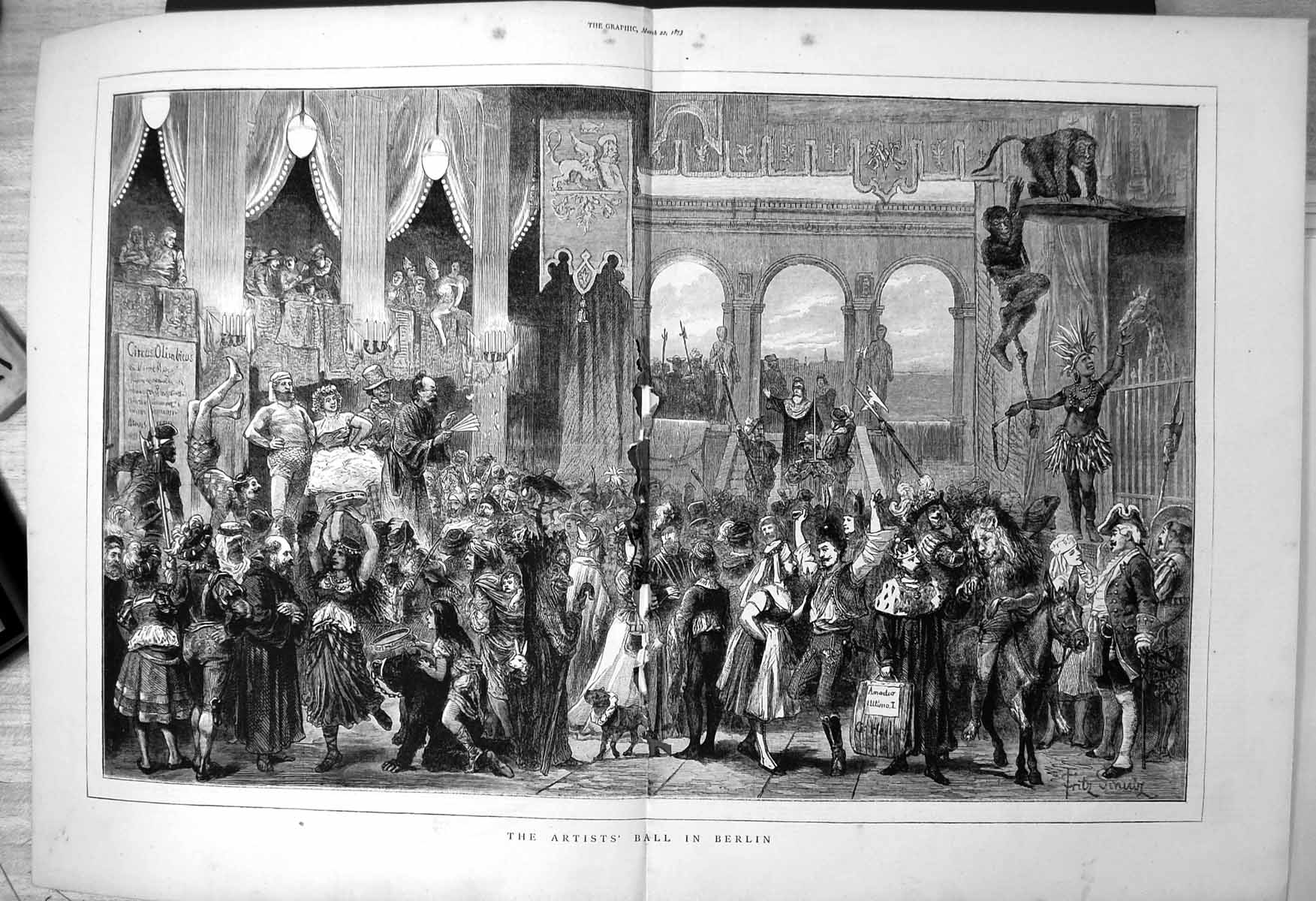 Original Old Antique Print Artists Ball Berlin Dancing Fancy Dress Damaged 1873