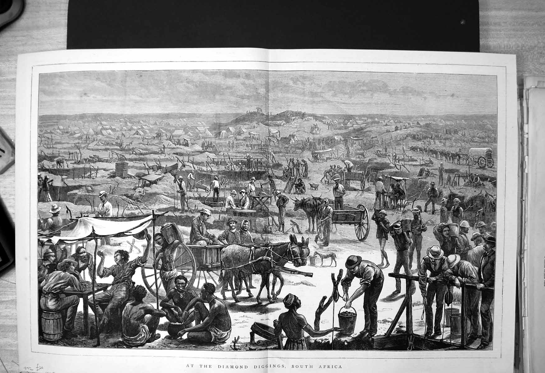 Antique Print Diamond Diggings South Africa Camp Workers Buckets Carts 1872