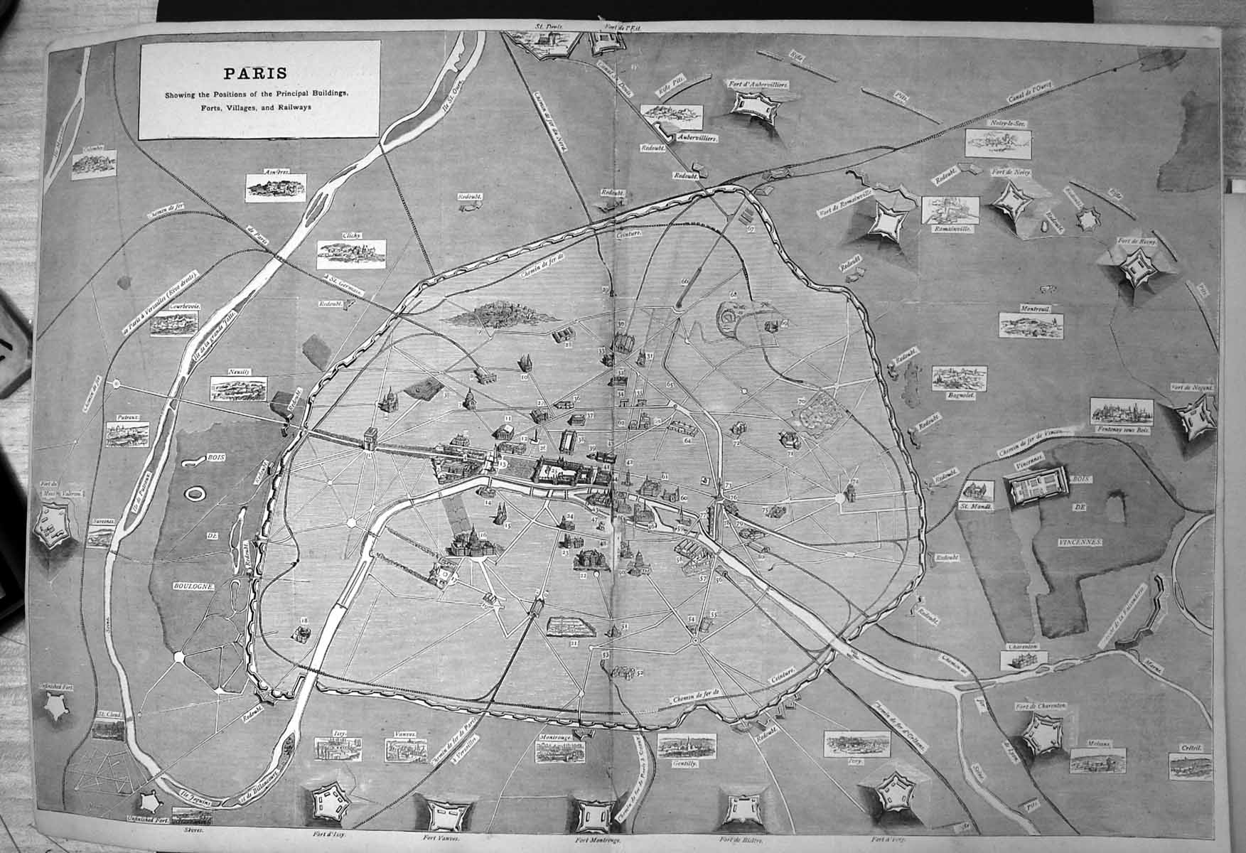 Old Print Plan Paris Positions Principal Buildings Forts Villages Railways 1870