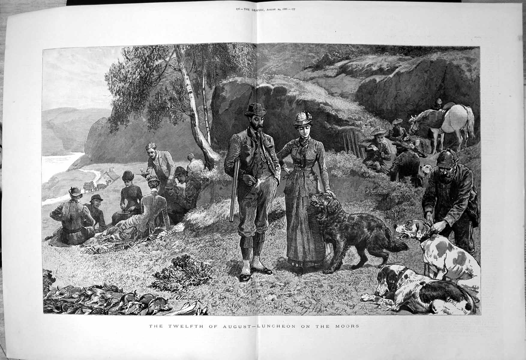 Old Antique Print Twelth August Luncheon Moors Grouse Shooting Dogs 1886 19th