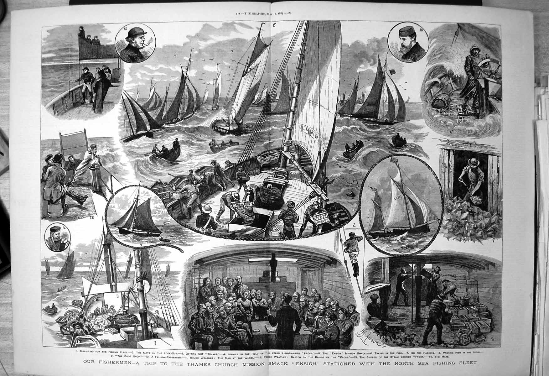 Old Print Thames Church Mission Smack Ensign North Sea Fishing Fleet 1883 19th