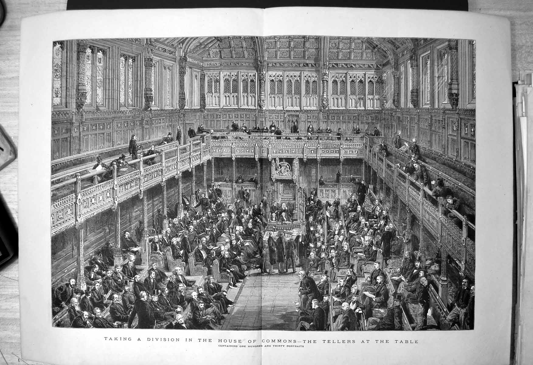 Antique Old Print Taking Division House Commons Tellers Table 130 Portraits