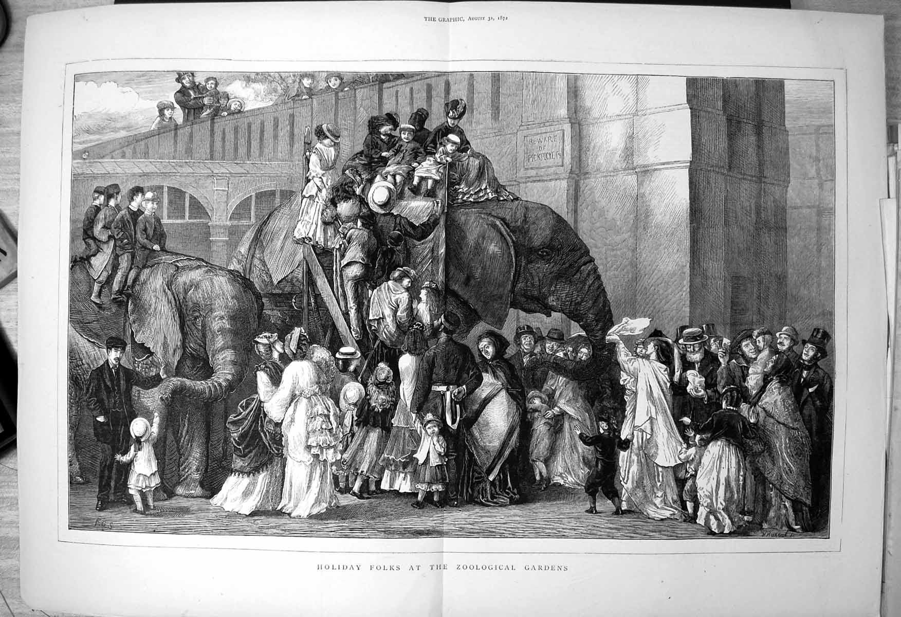 Old Print Holiday Folks Zoological Gardens Climbing Elephants Backs 1872 19th