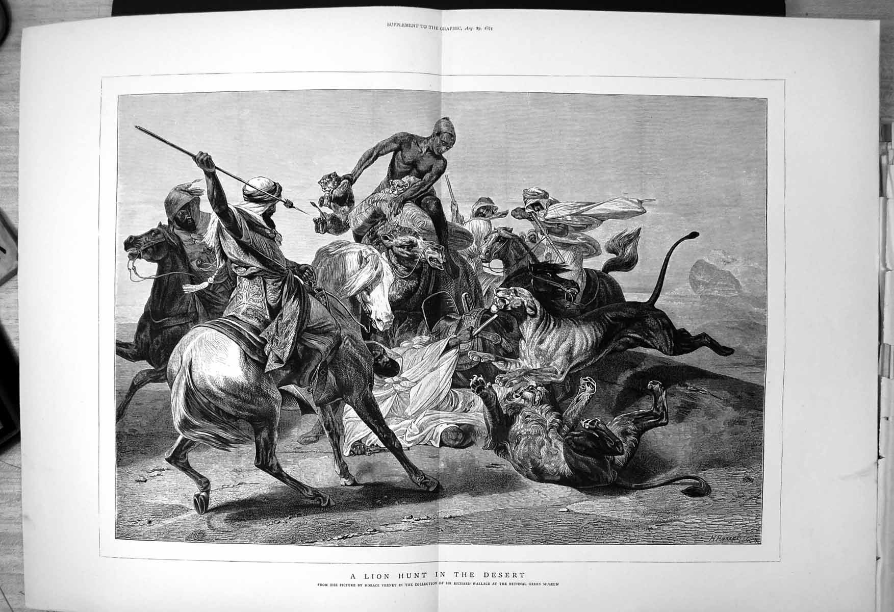 Print Lion Hunt Desert Natives Horses Spears Horace Vernet Bethnal Green1874