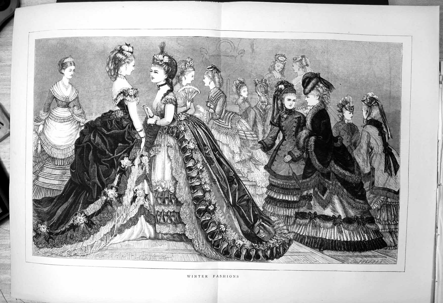 Antique Print Winter Fashions Ladies Dresses Gowns Coats Costumes Hats 1871