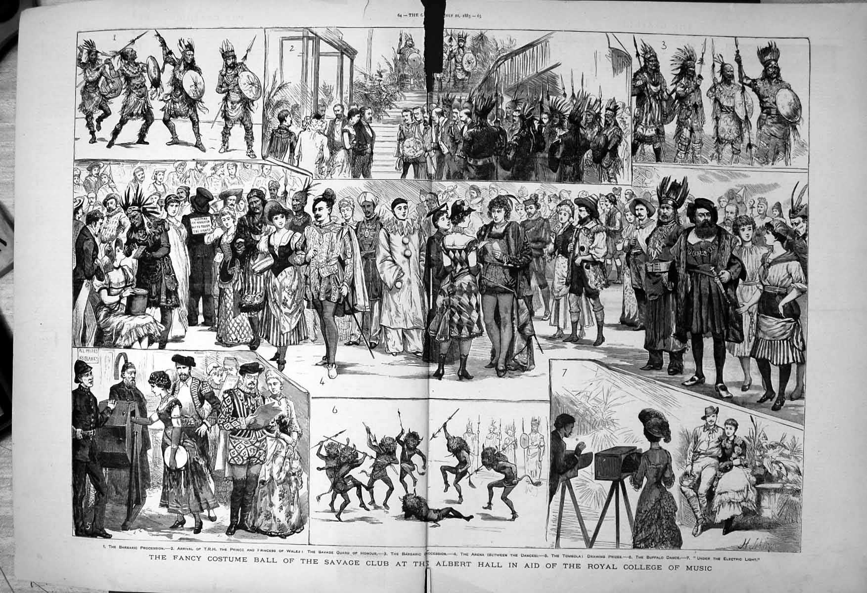 Antique Print Ball Savage Club Albert Hall Royal College Music 1883 Damaged