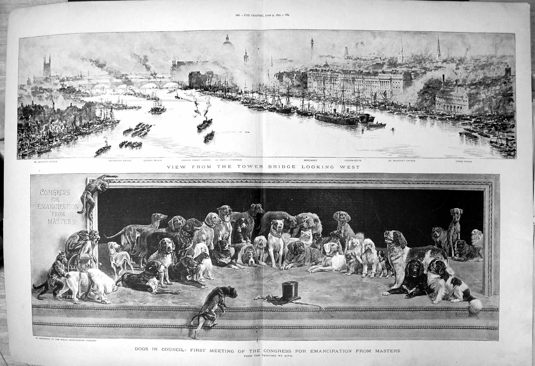 Old Print View Tower Bridge Looking West Dogs Council Congress Gitti 1894 19th