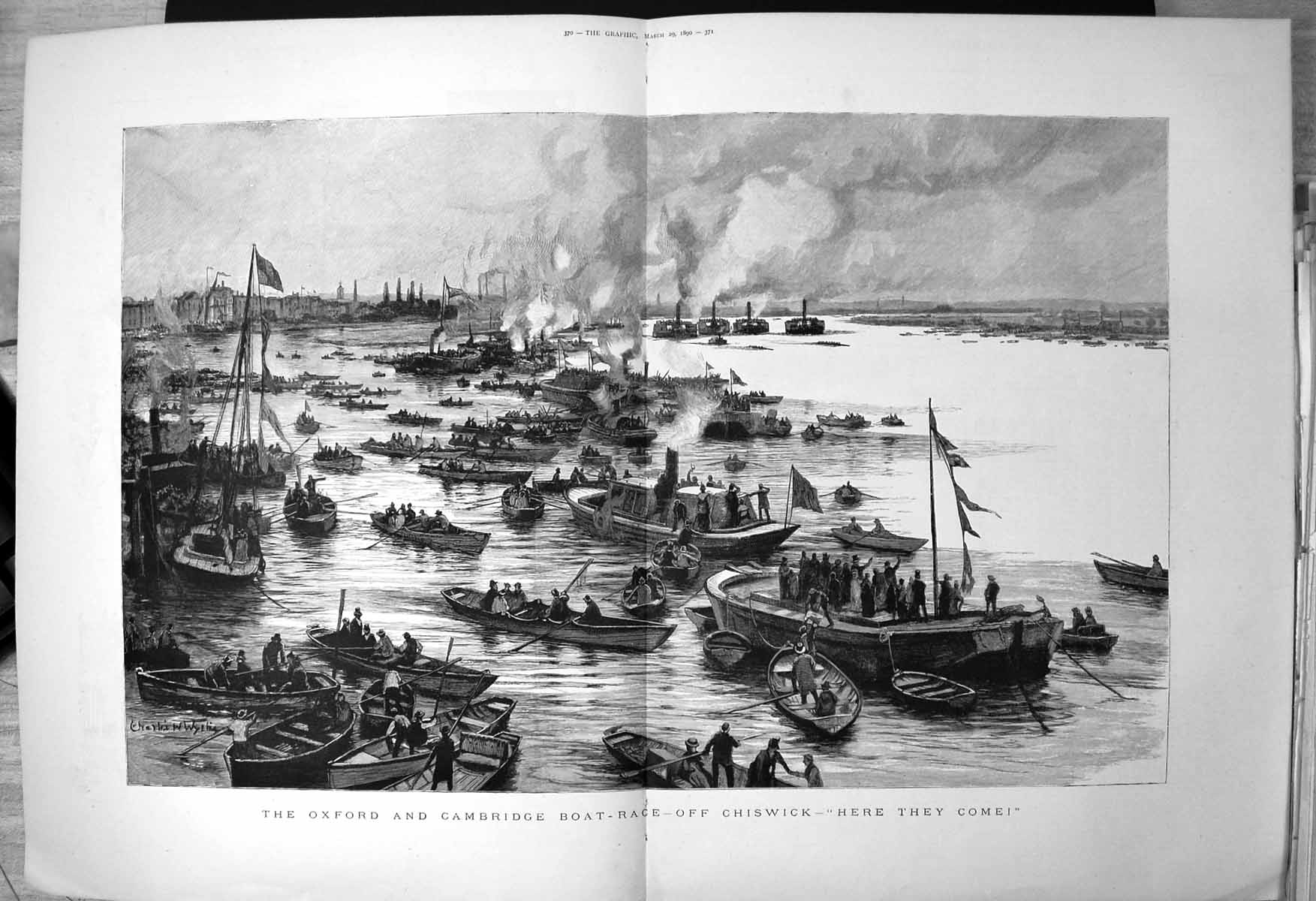 Old Antique Print Oxford Cambridge Boat Race Chiswick Here They Come 1890 19th