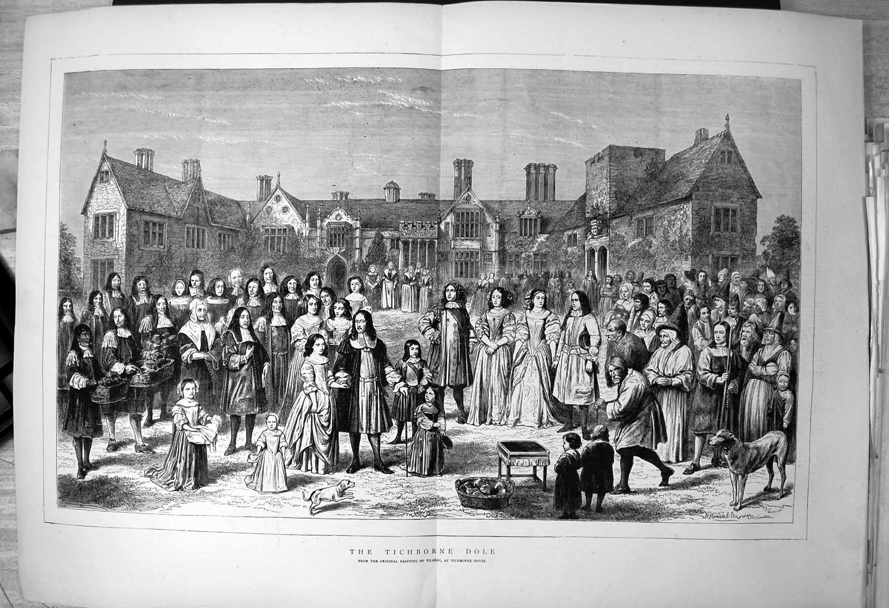 Old Gathering People Outside Tichborne House Baskets Bread Tilberg1871 19th