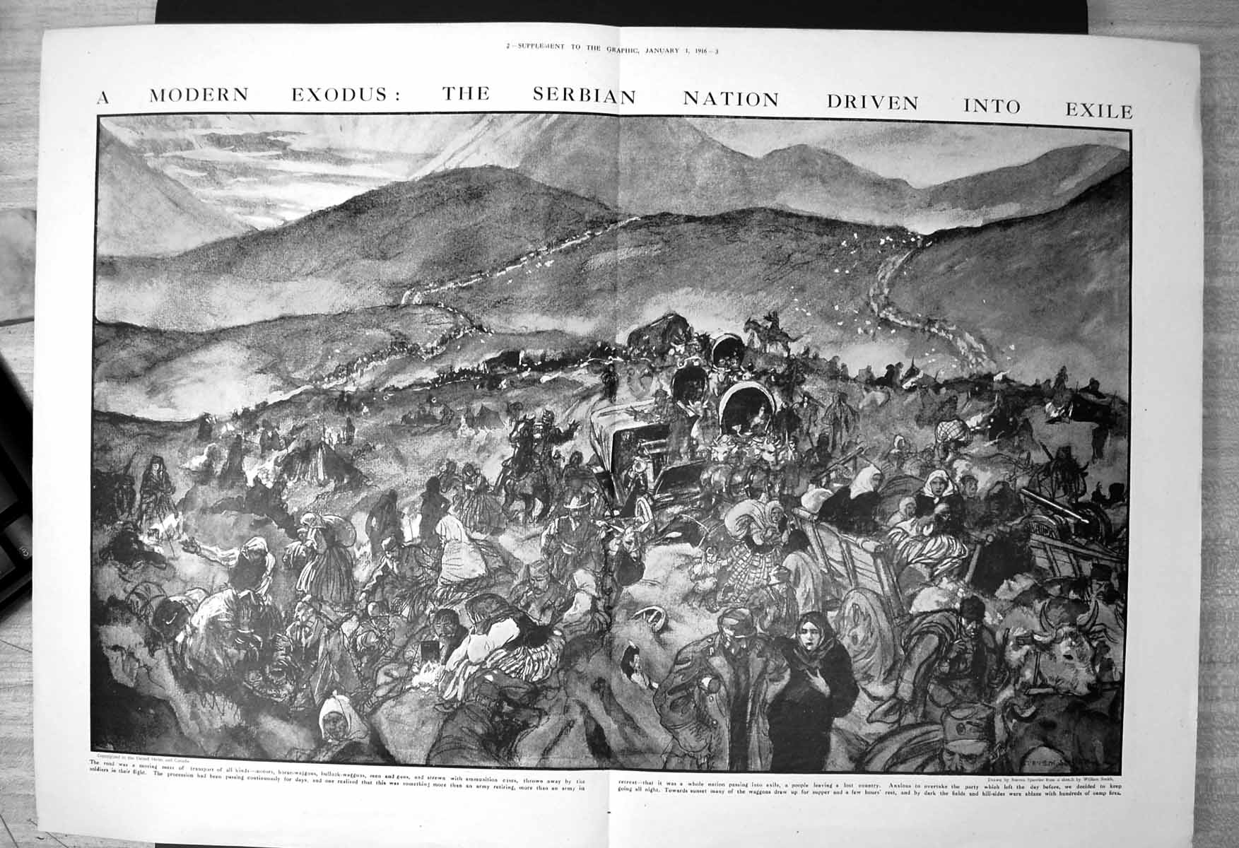 Old Antique Print Serbian Nation Driven Exile Men Guns Horse Waggons 1916 20th