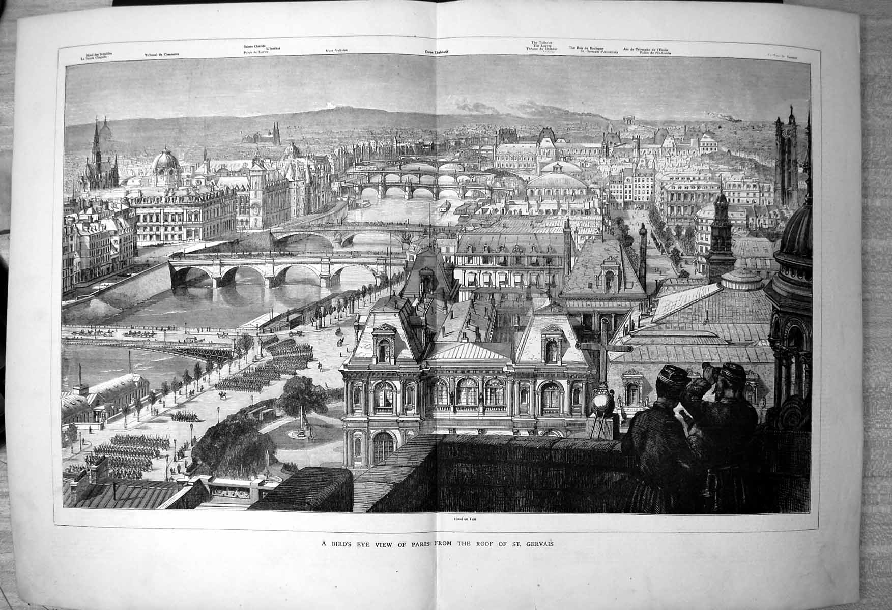 Old Print Birds Eye View Paris RoSt Gervais Palais De Justice Louvre 1870 19th