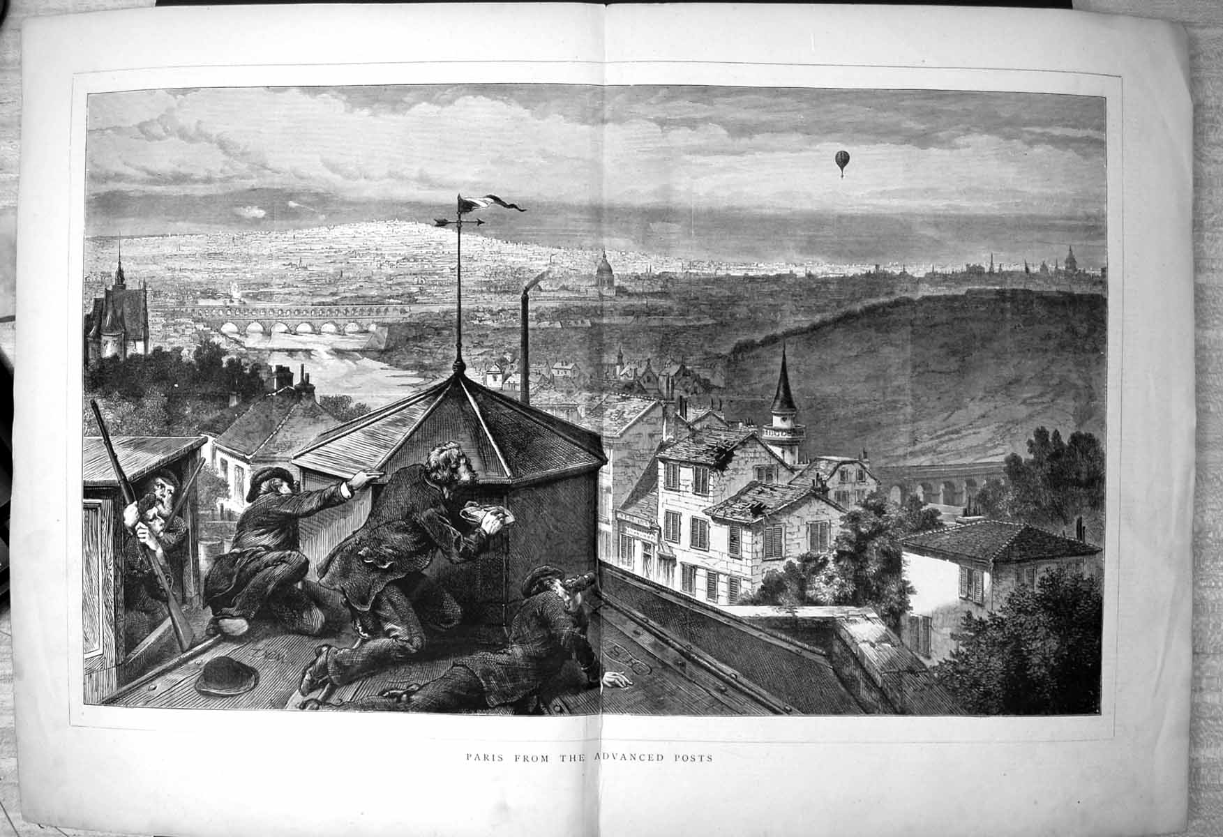 Antique Old Print Paris From Advanced Posts Men Guns Spotting Balloons 1870